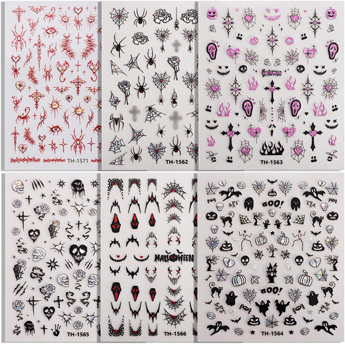 Halloween Nail Stickers Cute Ghost Nail Art Stickers Spider Web Pumpkin Spider Skeleton Bat Flower Design Halloween Nail Decals for Nail Art Holiday Acrylic DIY Nail Decoration 6Pcs
