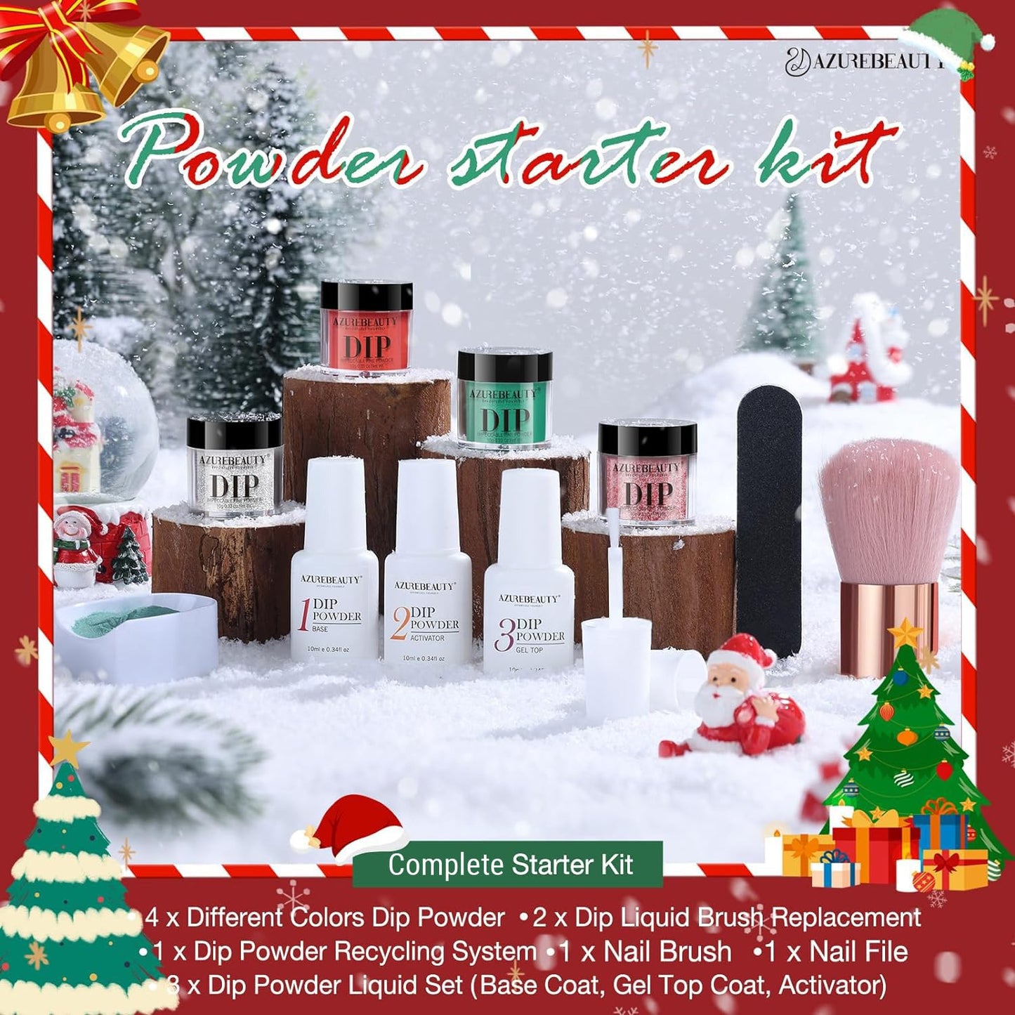 AZUREBEAUTY Christmas Dip Powder Nail Kit Green Red Glitter Silver 12 Pcs Acrylic Dip Powder Liquid Set with Base/Top Coat Activator for French Nail Art Manicure Home Holiday Gifts Set