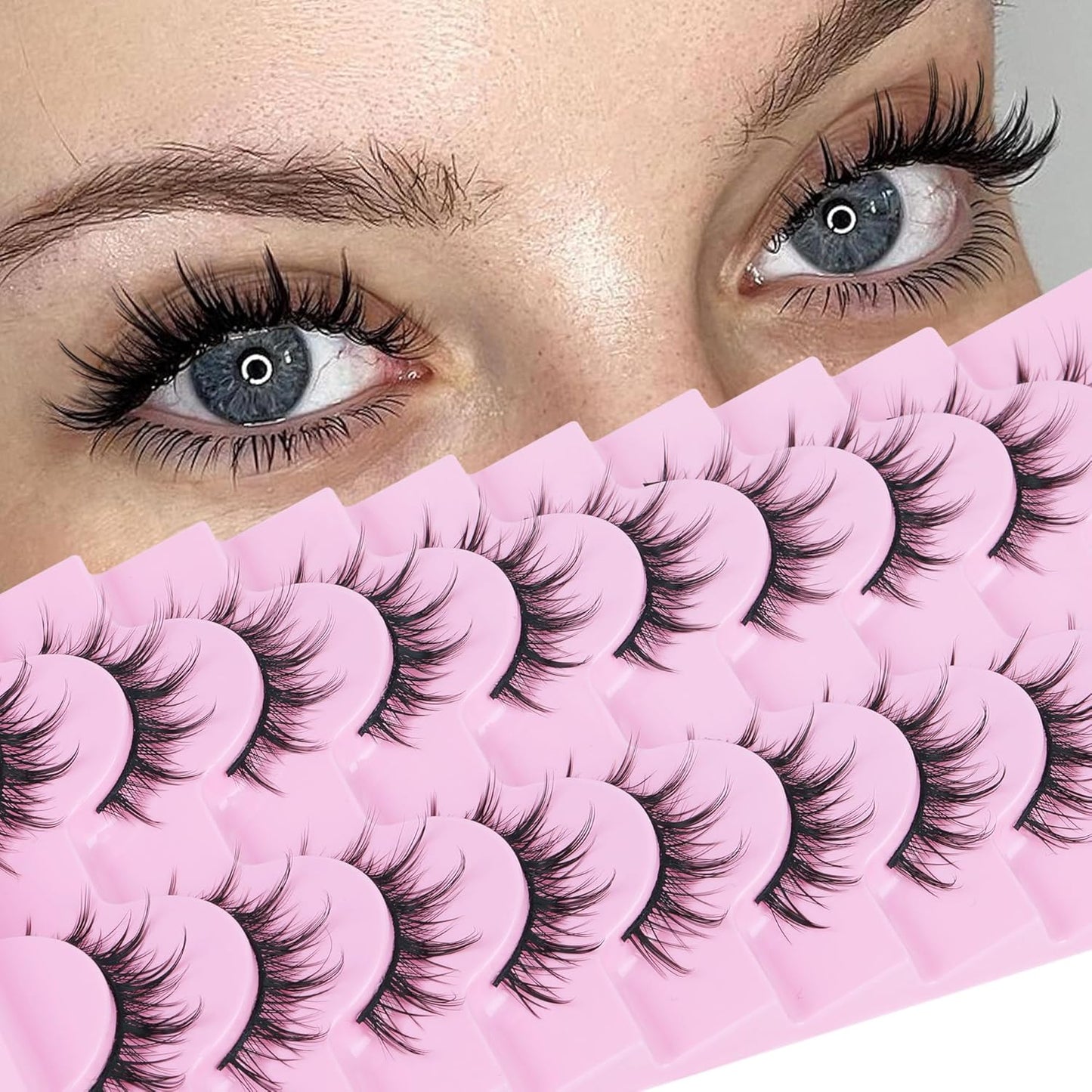 FANXITON Manga Lashes Wispy Natural Look Faux Eyelashes 10 Pairs Asian 3D False Eyelashes 14 mm Cat Eye Lashes Pack