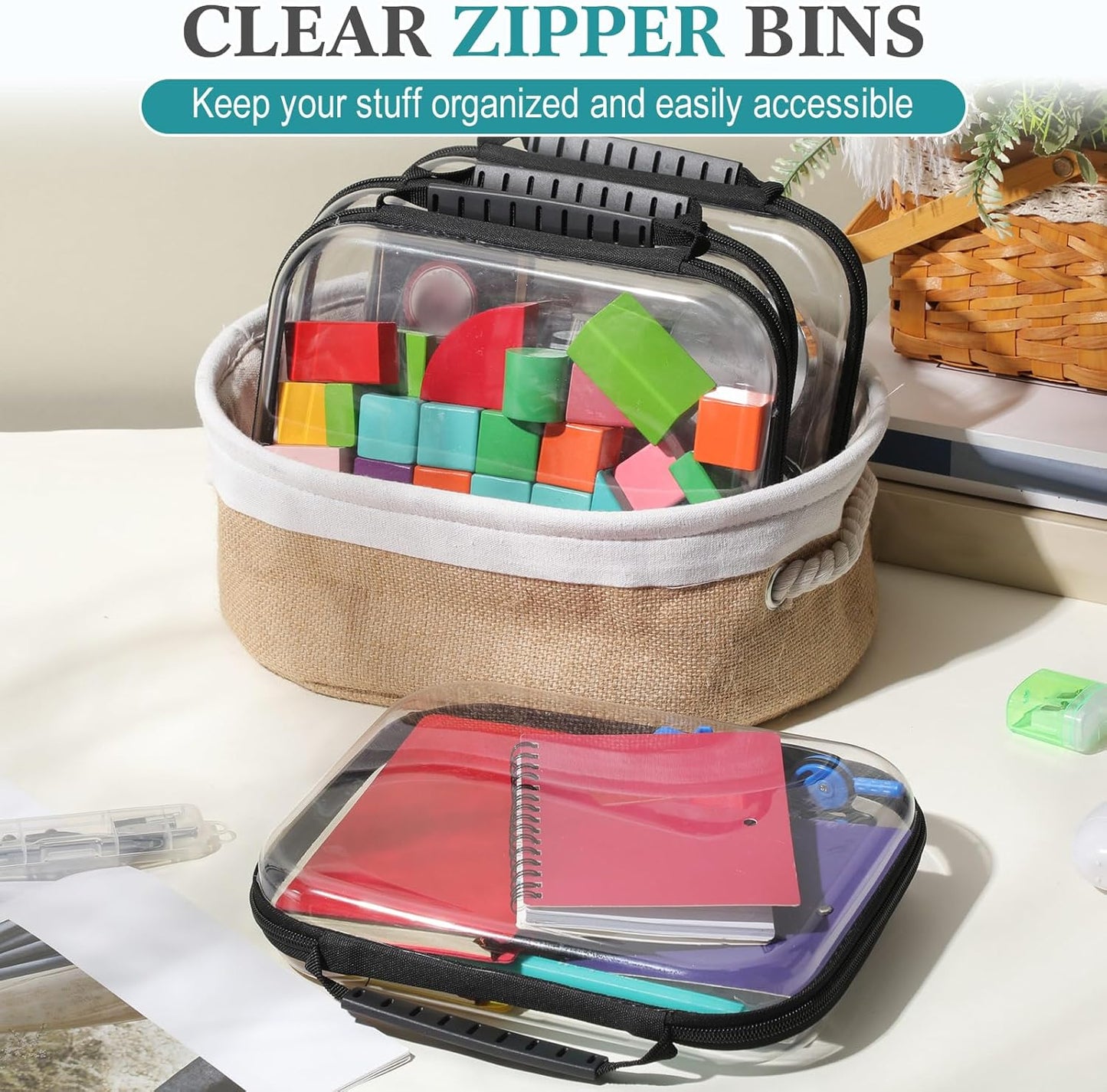 Sanwuta 4 Pcs Clear Hard Zipper Case with Handle Office Storage Cases Hard Plastic Pouches Transparent Bins for Crafts, Pencils, Snacks, Cosmetics, Puzzles(9.8 x 7.9 x 2 Inches,Black)