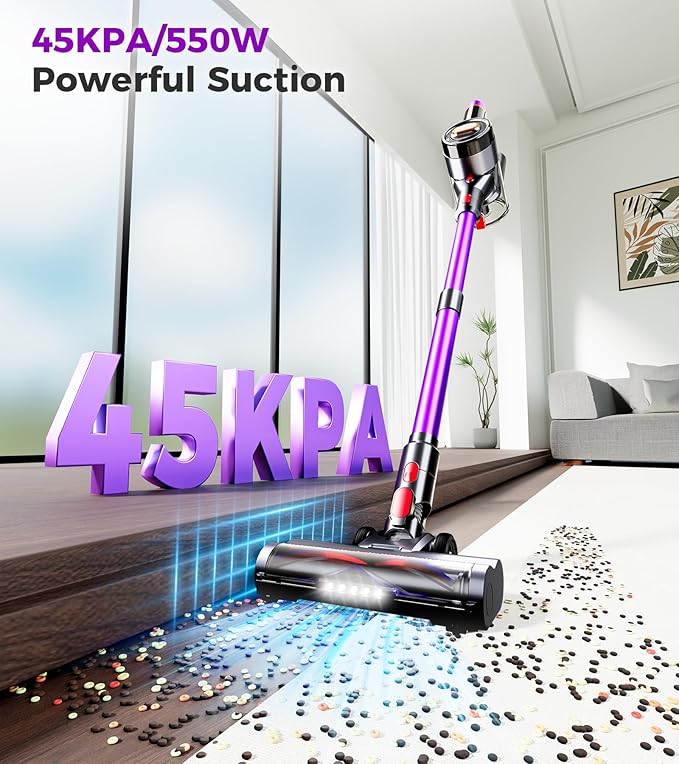 Cordless Vacuum Cleaner, Upgraded 550W 45Kpa 60Mins Vacuum Cleaners for Home, Anti-Tangle Stick Vacuum with Self-Standing, LED Display, 8-in-1 Wireless Vacuum for Carpet Pet Hair Hardfloor