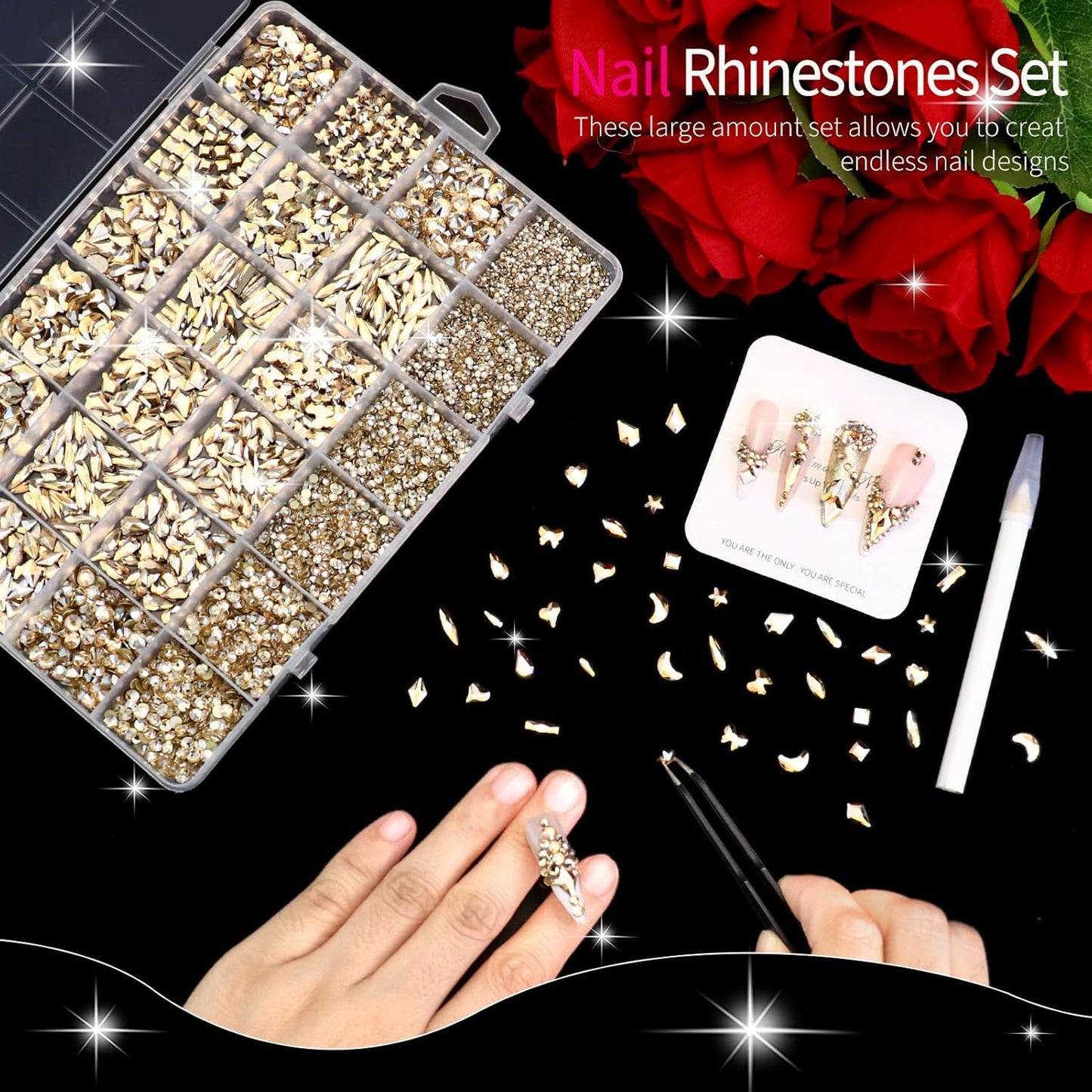 Dowarm 6000PCS Champagne Gold Nail Rhinestones, 16 Types of 800PCS Special-Shaped Diamonds + 5200PCS Flatback Rhinestones, 3D Glass Gemstones for Nail Crafts Decoration, Jewelry Gem Stones Charm