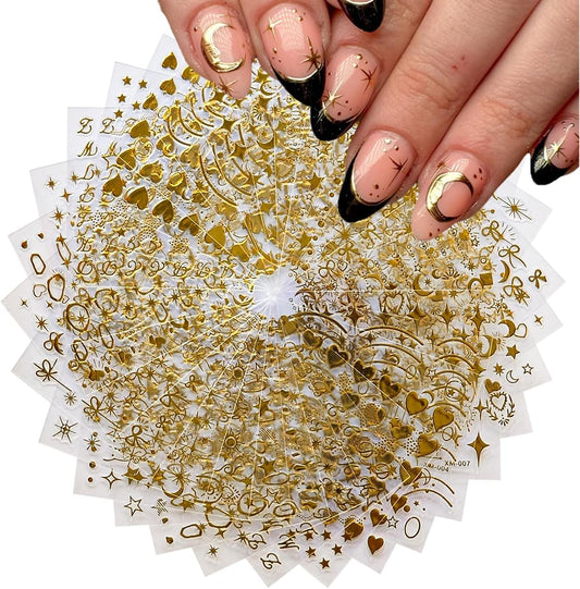 30Sheets Gold Nail Art Stickers Star Line 3D Self Adhesive Nail Stickers for Nail Art Moon Stars Nail Decals Heart Nail for Women and Girls Manicure DIY Decoration