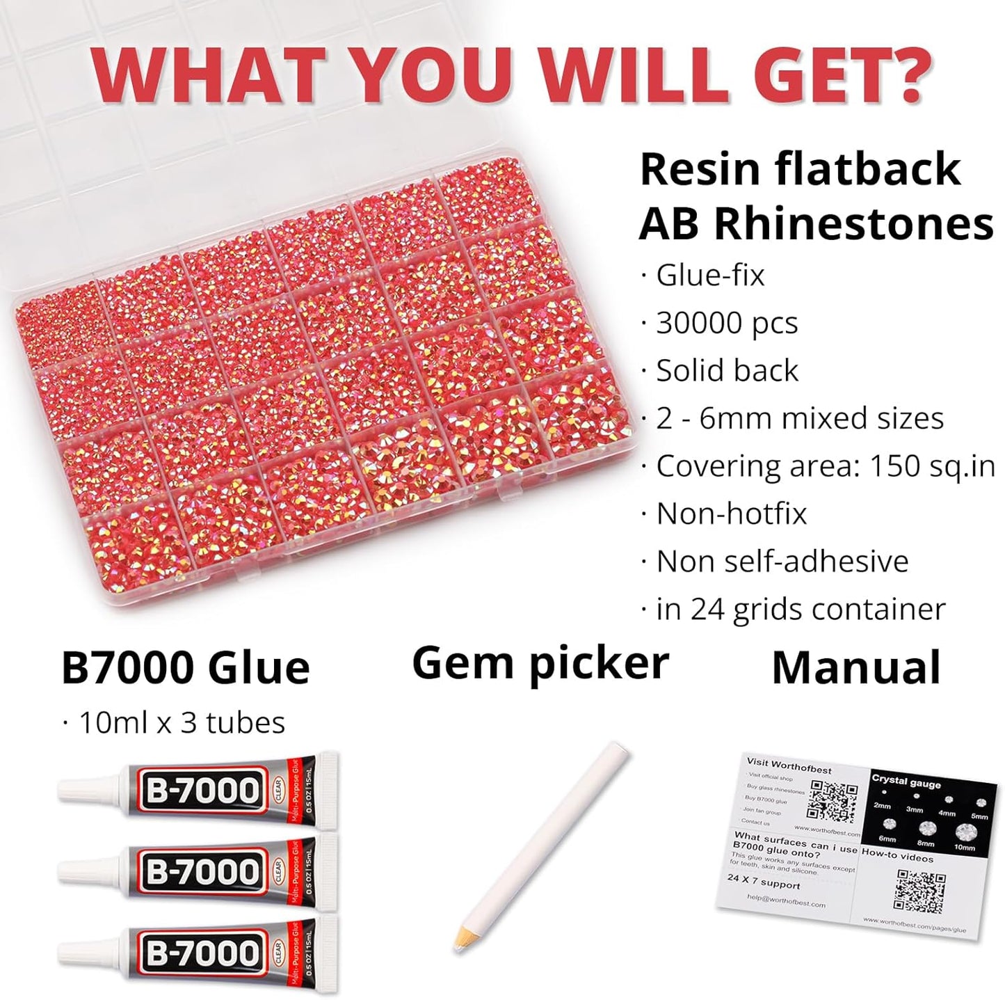 30000Pcs Resin Jelly Rhinestones Set for Crafting Bedazzling, Red ab Flatback Gems Jewels for Crafts Clothes Shoes Fabric Outfit Nails Makeup, Flat Back Crystal 2-6mm with b 7000 Glue