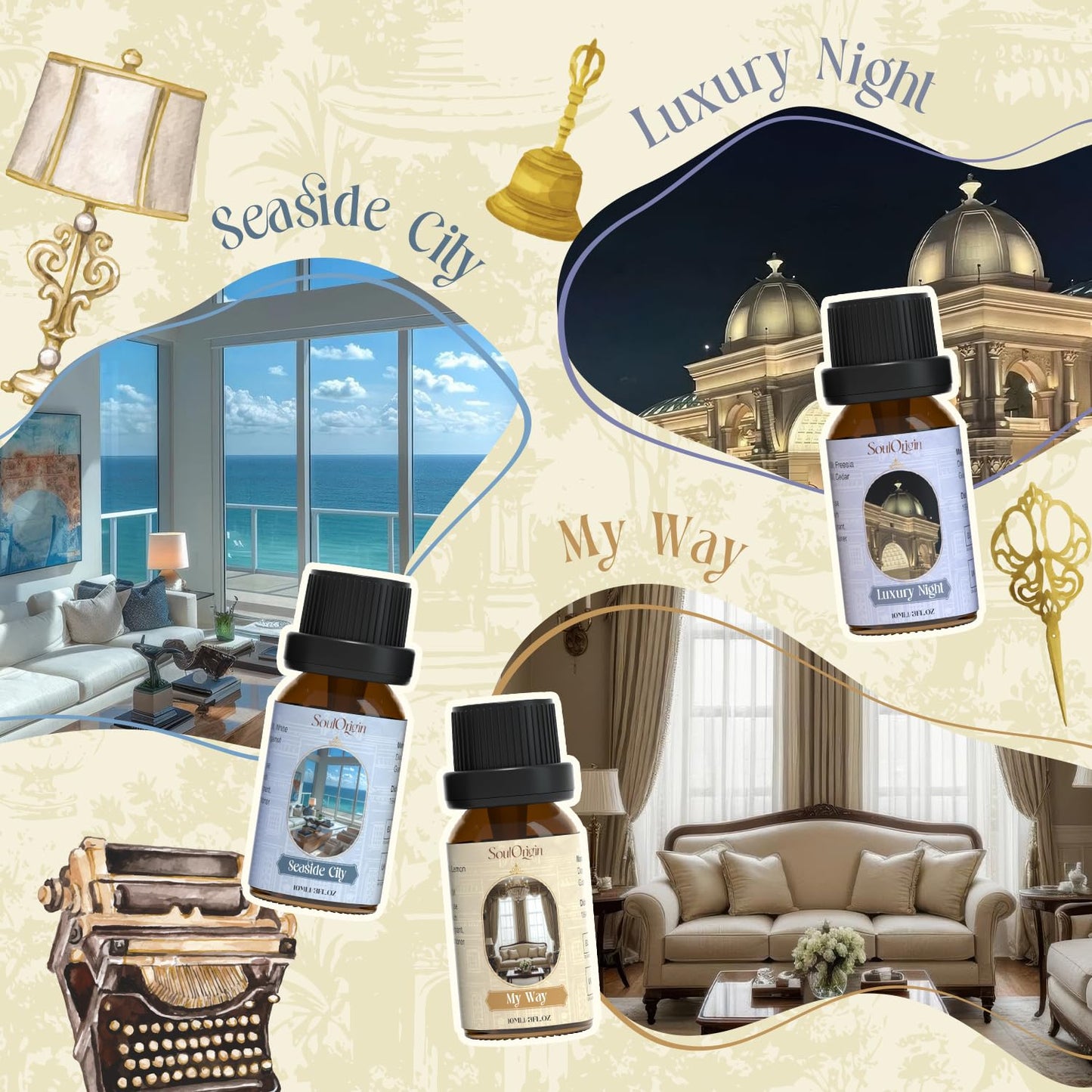 Hotel Fragrance Oils Set, Essential Oil Gift Set for Diffuser, Hotel Scent Diffuser Oil, Diffuser Scents Oil for Home, White Tea, Jasmine Mint, Sandalwood, Luxury Night, Seaside, Myway