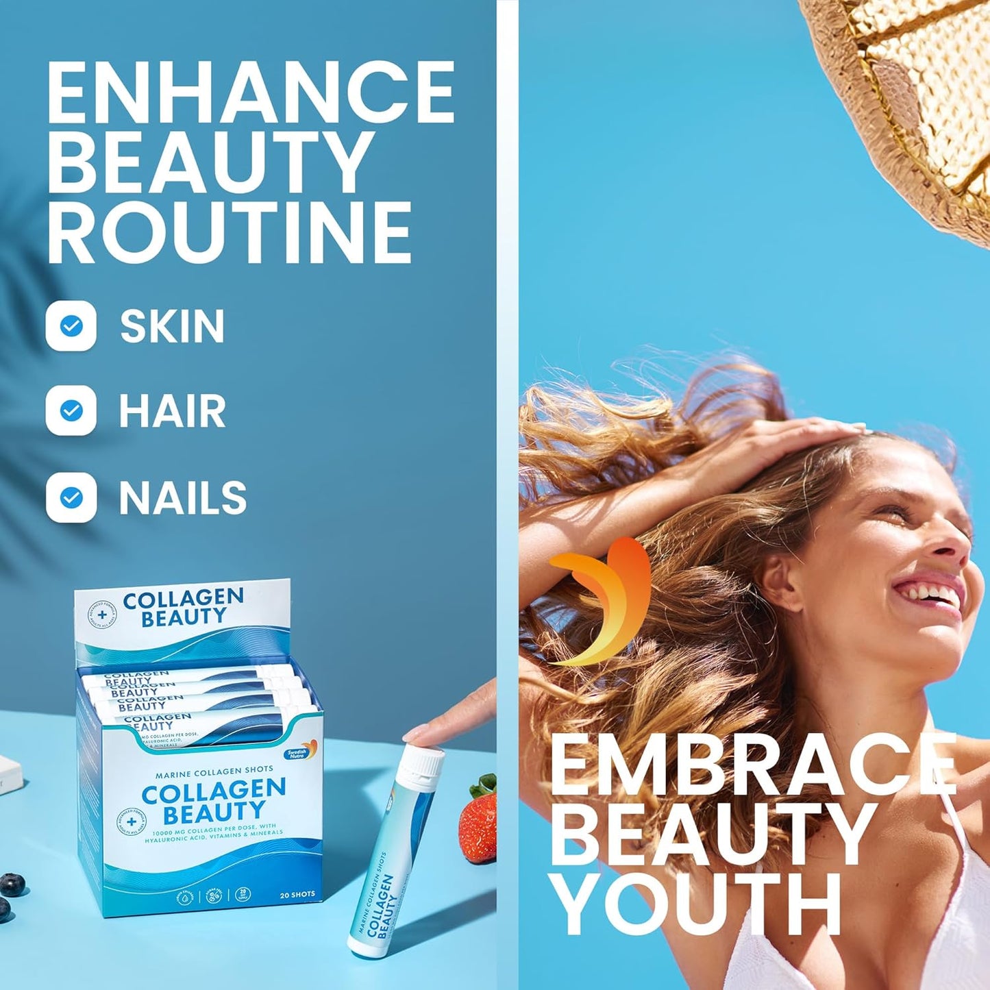 Swedish Nutra - Collagen Beauty | 10,000 mg Hydrolyzed Marine Collagen Liquid Supplement - 30 x 25 ml Daily Shots | Hyaluronic Acid and Vitamin C to Support Healthy Hair, Skin, Nails | Sugar-Free