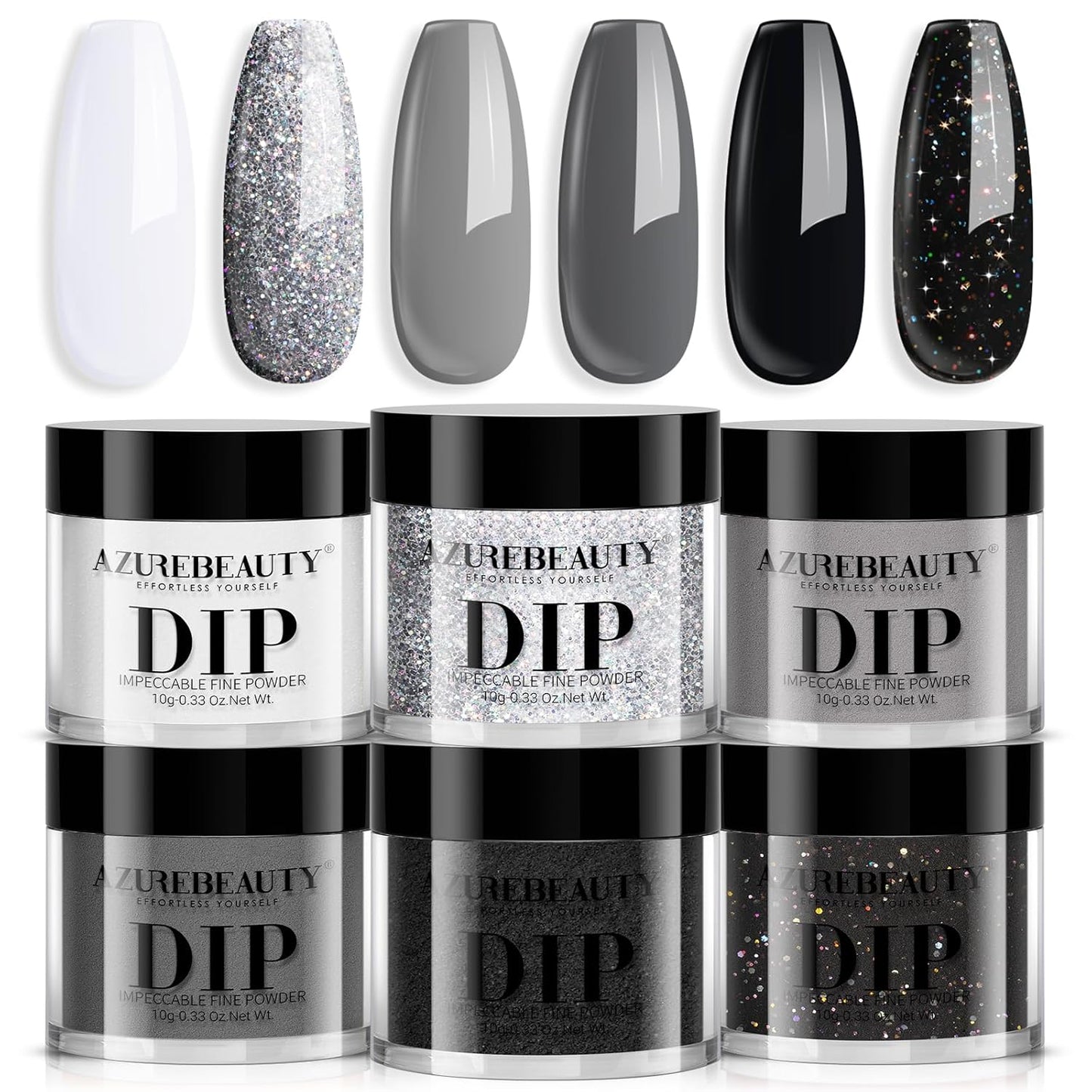AZUREBEAUTY Dip Powder Nail Basic Set White Black Silver Grey Pure Sparkle 6 Colors All Seasons Dipping Powder Starter Kit French Nail Art Manicure DIY Salon for Women, No Need Nail Lamp Cured
