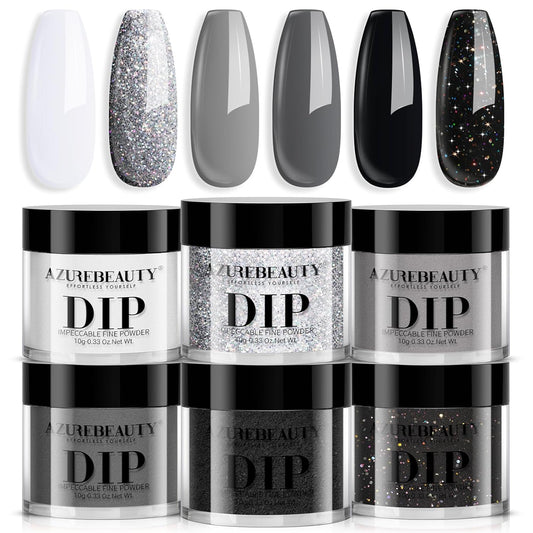AZUREBEAUTY Dip Powder Nail Basic Set White Black Silver Grey Pure Sparkle 6 Colors All Seasons Dipping Powder Starter Kit French Nail Art Manicure DIY Salon for Women, No Need Nail Lamp Cured
