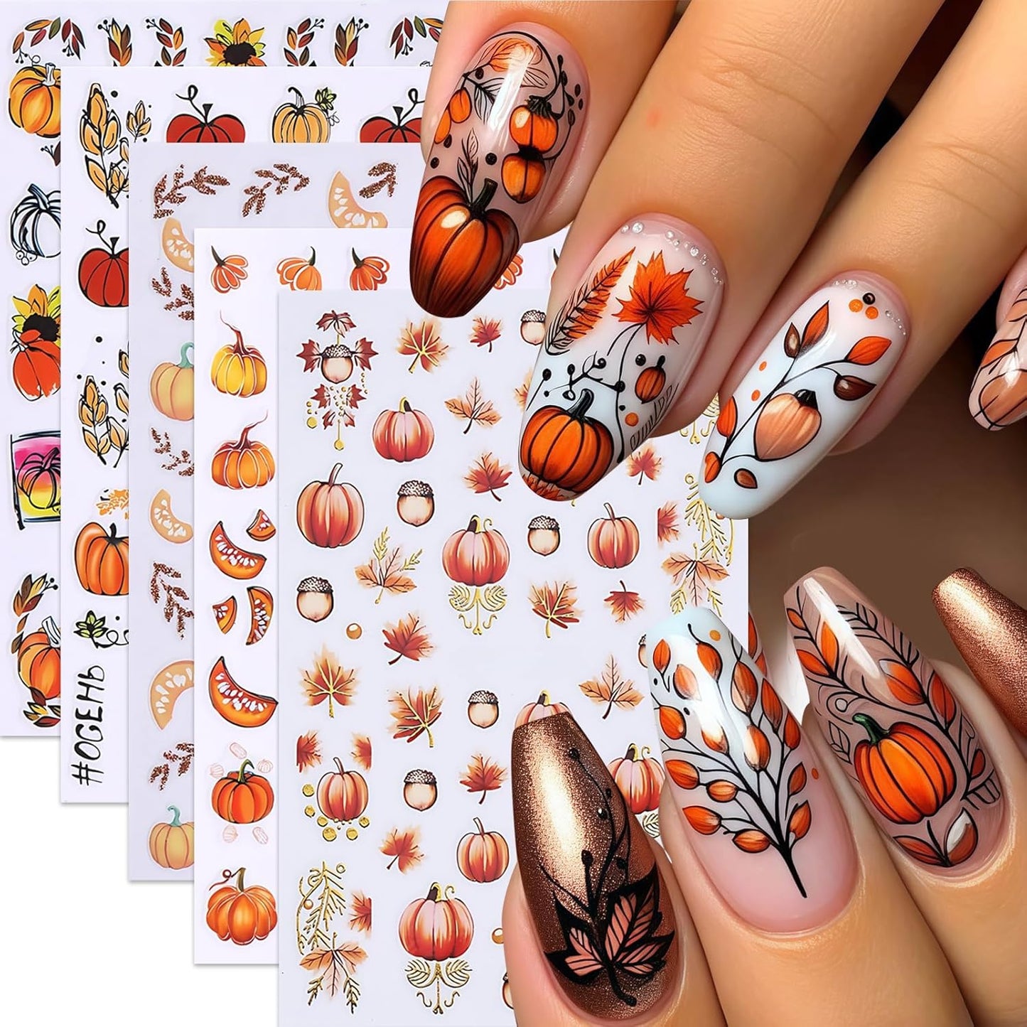 5Sheets Fall Nail Stickers Autumn Maple Leaf Nail Art Stickers 3D Self Adhesive Maple Leaves Nails Decals for Nails Art Thanksgiving Day Nail Decoration Pumpkin Nut Cute Manicure Supplies for Women