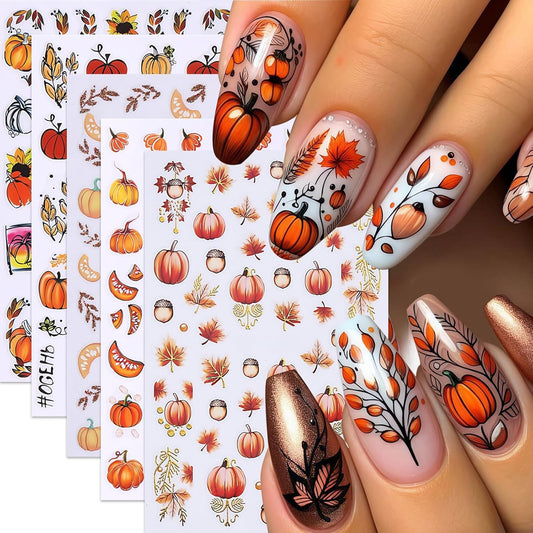 5Sheets Fall Nail Stickers Autumn Maple Leaf Nail Art Stickers 3D Self Adhesive Maple Leaves Nails Decals for Nails Art Thanksgiving Day Nail Decoration Pumpkin Nut Cute Manicure Supplies for Women