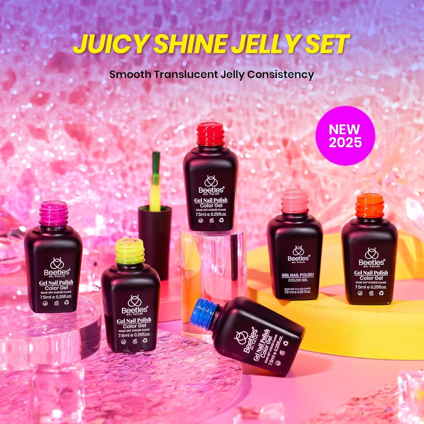 Beetles Jelly Gel Nail Polish Set - 6 Colors Neon Gel Polish Kit Sheer Hot Pink Red Orange Purple Blue Yellow Translucent Effect Soak Off UV French Nail Art Manicure Gift for Women