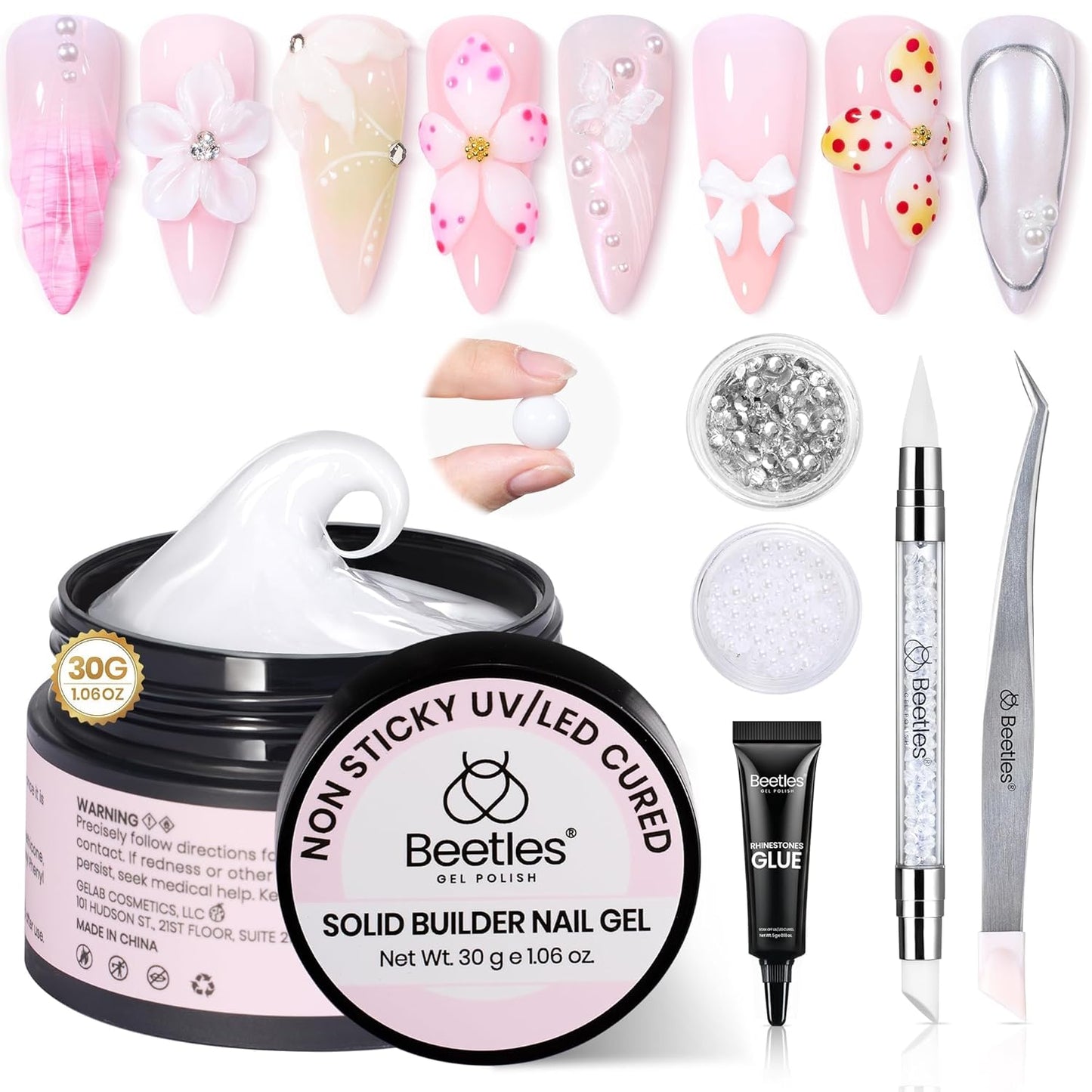 Beetles Solid Builder Nail Gel 1 oz White 3D Sculpting Gel for Nail Art Non-Sticky Extension with Rhinestones & Pearls and Rhinestones Glue Double-Head Pen DIY Salon Home for Women
