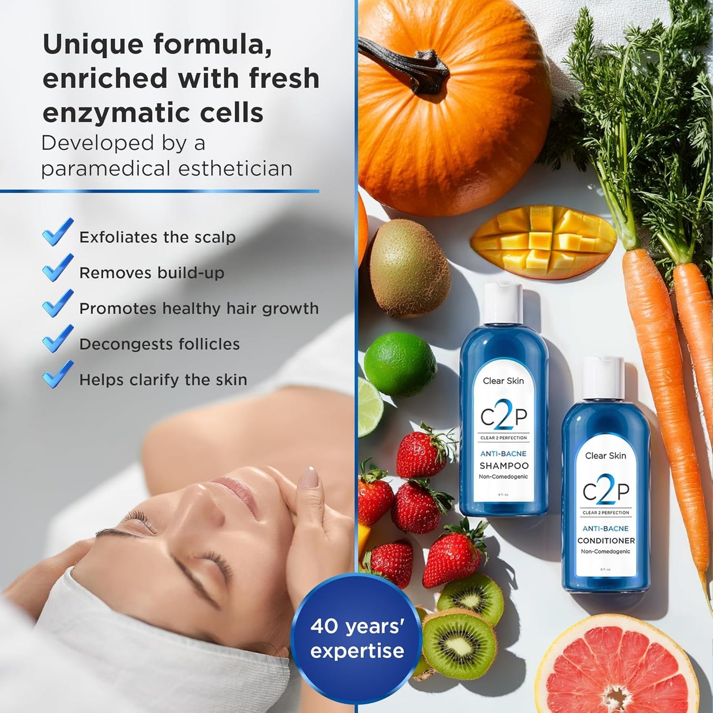 Non-Comedogenic Clear 2 Perfection Shampoo - Sulfate & Paraben-Free for Clear, Healthy Skin & Hair - Esthetician Formulated