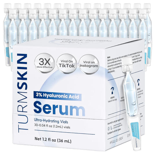TURMSKIN® Hyaluronic Acid Serum Ampoules [ULTRA HYDRATING VIALS] - 3% Hyaluron Booster for Glass Skin & Anti Aging - 24 Hours Hydration - Soft PE Triple Hyaluronic Complex for Faceskin Repair & Renew