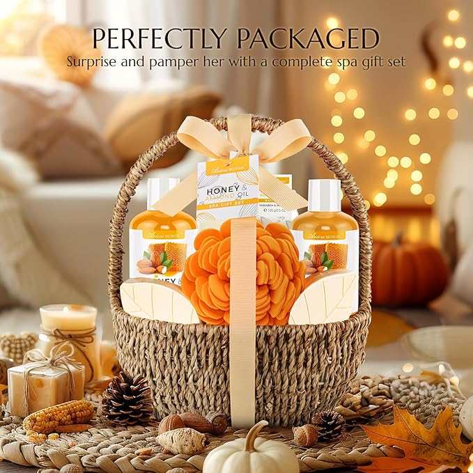 Bath Spa Gift Basket, Bath & Body Gift Set for Women & Men, Includes Shower Gel, Bubble Bath, Bath Salt, Bath Sponge, Spa Gift Box for Mother's Day, Birthday, Wedding, Honey & Almond 8pcs