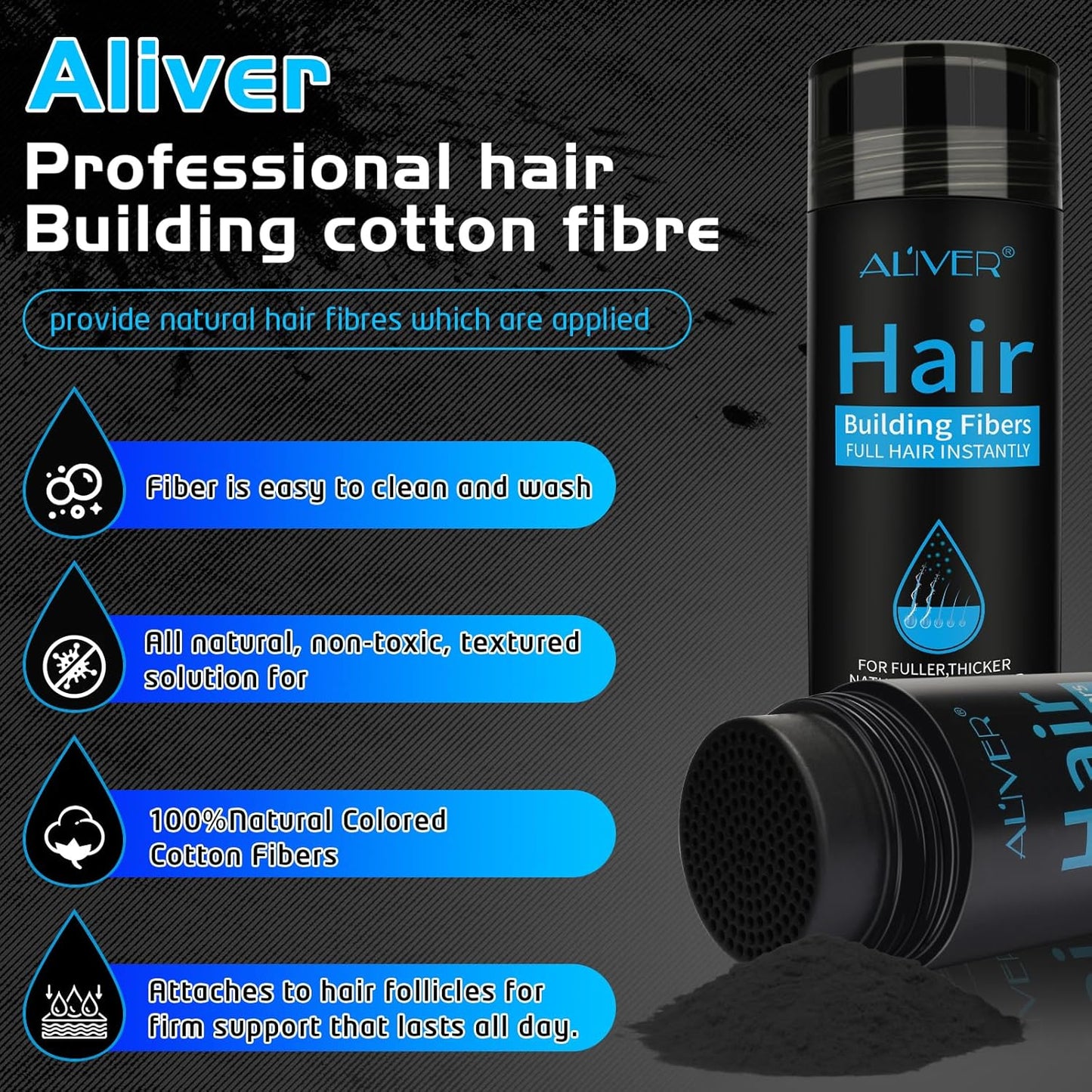 Aliver Hair Fibers for Thinning Hair - Black - 27.5Gr,Undetectable Natural Formula, Thicker Fuller Hair in 15 Seconds, Conceals Hair Loss, Look Younger, for Men & Women Patchy Bald Spot,Crown