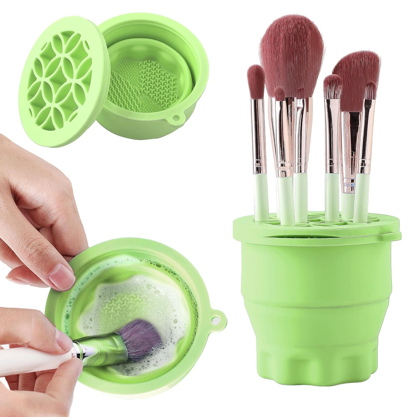 Makeup Brush Cleaner - Foldable Silicone Makeup Brush Cleaner Mat with Brush Storage Holder Makeup Brush Cleaning Bowl Cosmetic Brush Washing Tool for Cleaning Organizer and Drying (Green)