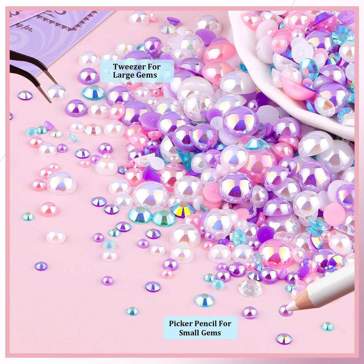 9000Pcs Flatback Pearls and Rhinestones for Crafting, Pink Purple White Mixed Size 3-8mm Resin Rhinestones and Half Pearls for Bedazzling, Nail Art with Tweezers and Pickup Pencil