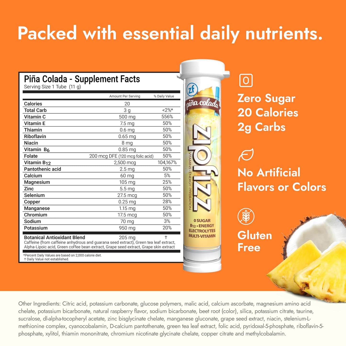 Zipfizz Daily Energy Drink Powder, Pina Colada, 20 Pack | 3-in-1 Sustained Energy, Rapid Hydration, and Essential Vitamins | Sugar-Free | Electrolyte Powder | Contains Vitamin B-12 & Antioxidants