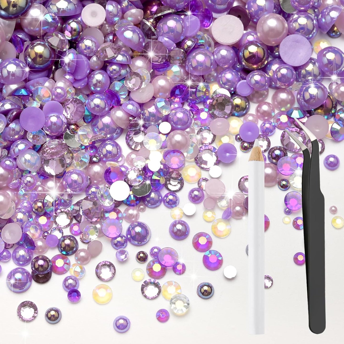 80g Mix Flatback Pearls and Rhinestones for Crafts Dark Purple Mixed Size 2mm-10mm Half Round Pearls Rhinestones for Nail Art Tumblers Shoes DIY Bedazzling with Tweezers Wax Pen