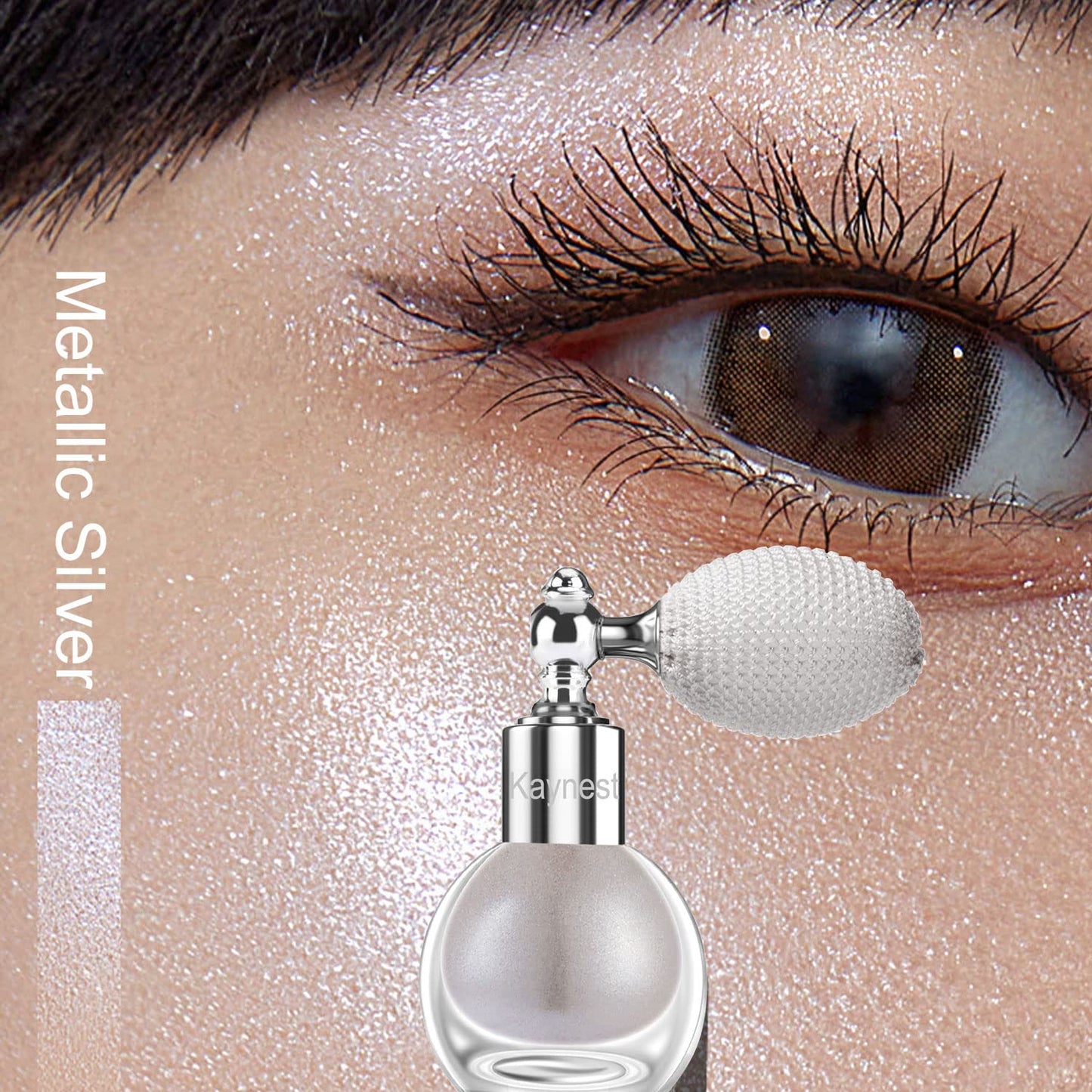 Metallic Silver Highlighter Spray, Loose Shimmer Powder High Gloss Makeup Mist for Body, Face, Hair, Long Lasting Glitter Hairspray for Festive Party, Stage Shows, Nightclubs, Bar