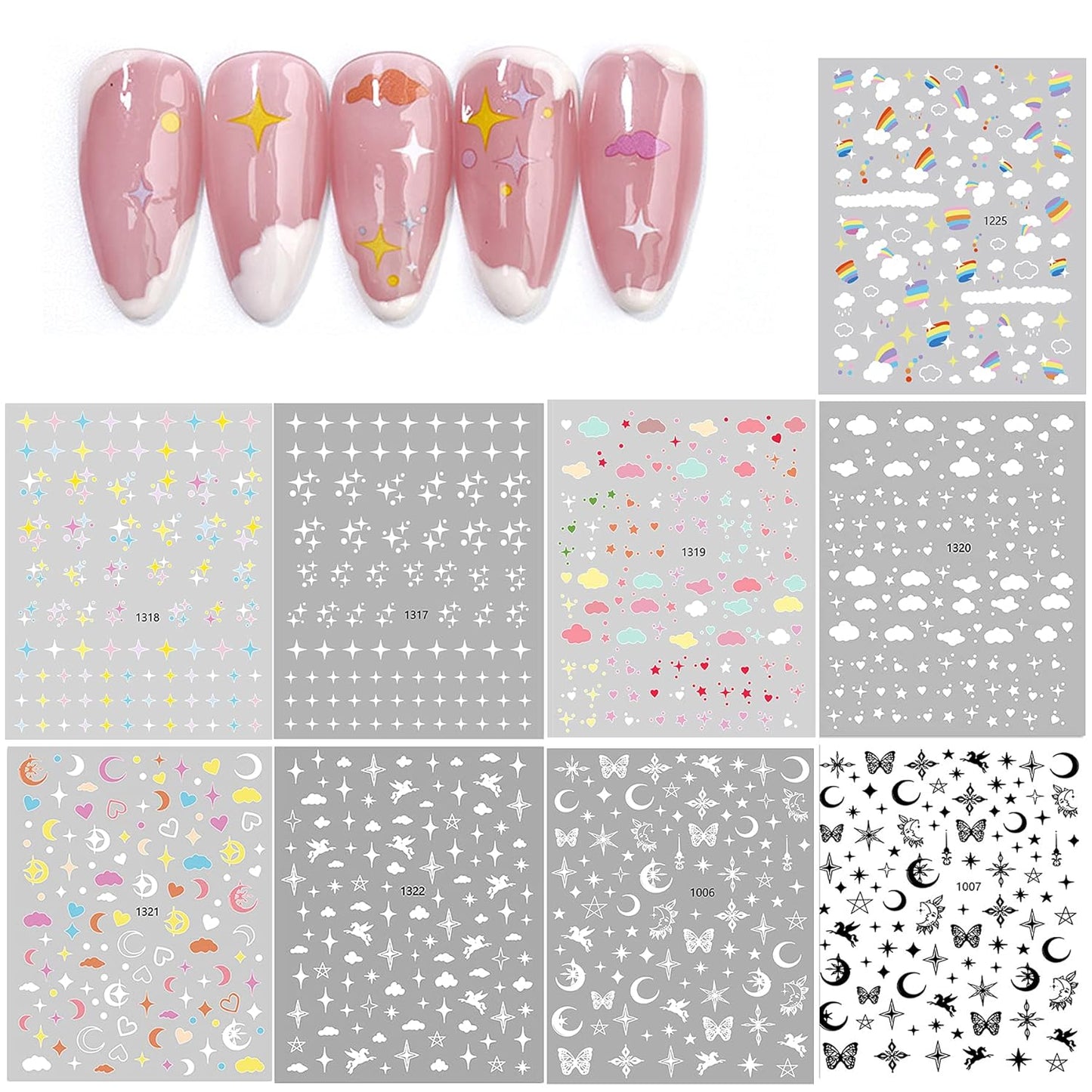 9 Large Sheets Starry Sky Star Cloud Wrangler Moon Rainbow Heart Nail Art Stickers for Women Girls Kids-3D Self Adhesive Star and Sky Series Nail Decals for Natural Fingernails and Acrylic Nail Decor