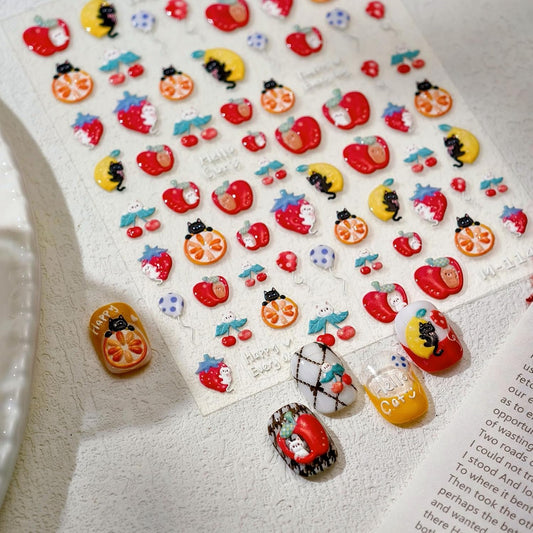 Apple Nail Art Stickers Cat Nail Decals for Nails Art Cute Nail Stickers Red Orange 5D Embossed Self Adhesive Fruit Nails Charms for Women Girls Kid Manicure DIY Decoration Accessories