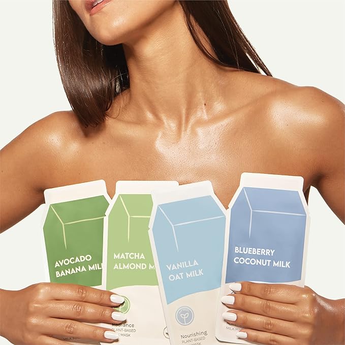ESW Beauty Plant-Based Milk Face Masks - 4-Pack Skincare Set - Hydrating, Radiance, Firming & Soothing with Avocado, Matcha, Blueberry, Vanilla & Oat Extracts for All Skin Types