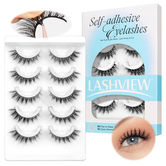 LASHVIEW Self Adhesive Eyelashes 5 Pairs Cat Eye Wispy Self-adhesive False Lashes Reusable Natural Look Press On Lashes No Glue Need Eyelashes with Replacement Adhesive Strips (CV105)