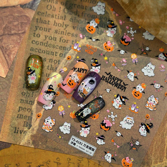 Halloween Nail Art Sticker Cute Cat Nail Stickers Pumpkin 5D Self-Adhesive Nail Decals Spider Web Bat Nail Sticker Ghost Nail Art Decal for Women DIY Manicure Decoration Supplies