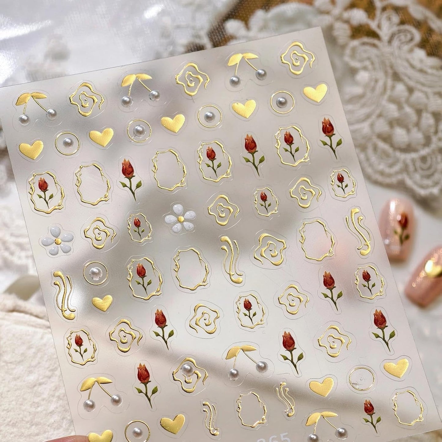 Gold Nail Stickers Flower Nail Decals for Nails Art Tulip Nail Art Stickers with Design Heart Nails Art Decals Self Adhesive Sticker for Women Girls Kid Manicure Charms Supply Accessories