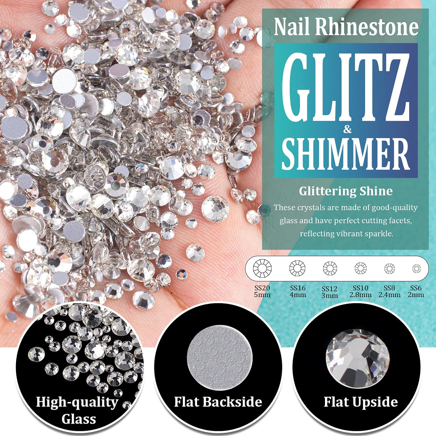 Multi Shapes Transparent White 3D Glass Crystal Nail Art Rhinestones Kit with Flatback Round Bead Charm Gem Stone Jewelry Diamond with Pickup Pen + Tweezer for Manicure Makeup DIY Craft Decoration