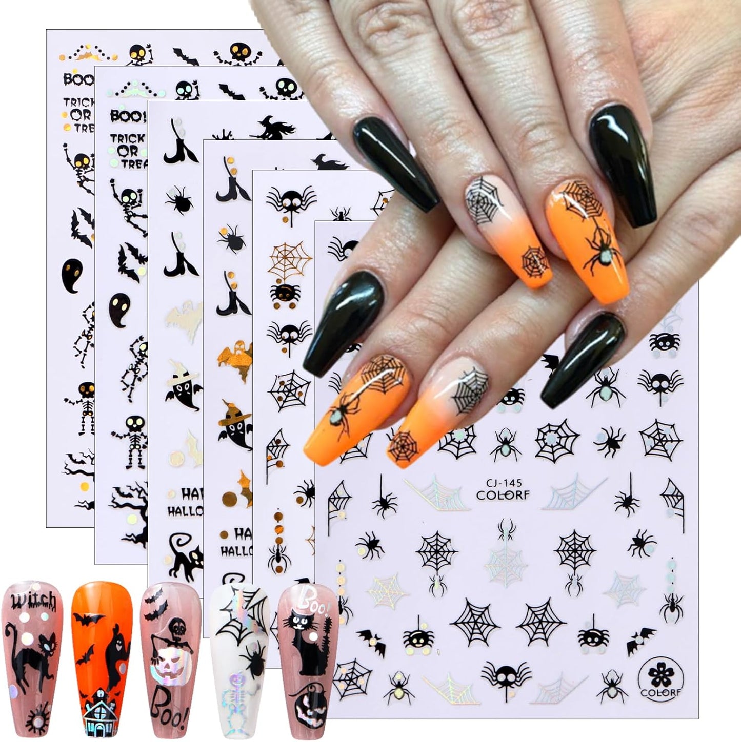 6 Sheets Halloween Nail Art Stickers 3D Horror Gothic Ghost Face Skull Pumpkin Bat Spider Witch Halloween Nail Decals Cute Cat Nail Art Design Accessories for Women Girl DIY Nail Decorations