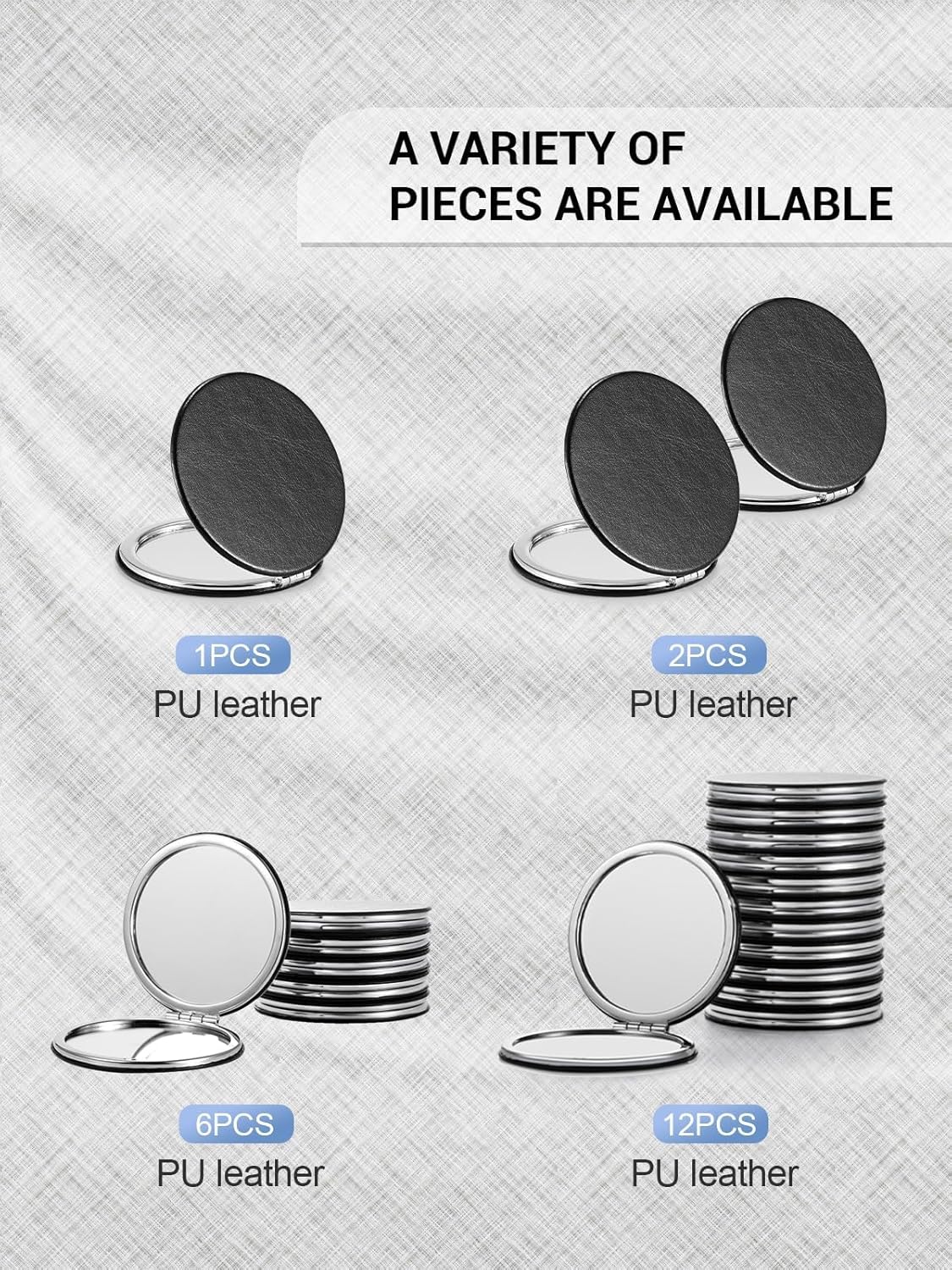Compact Mirror Bulk, Set of 12 Round Double-Sided 1X/3X Magnification PU Leather (Black, 2.8")