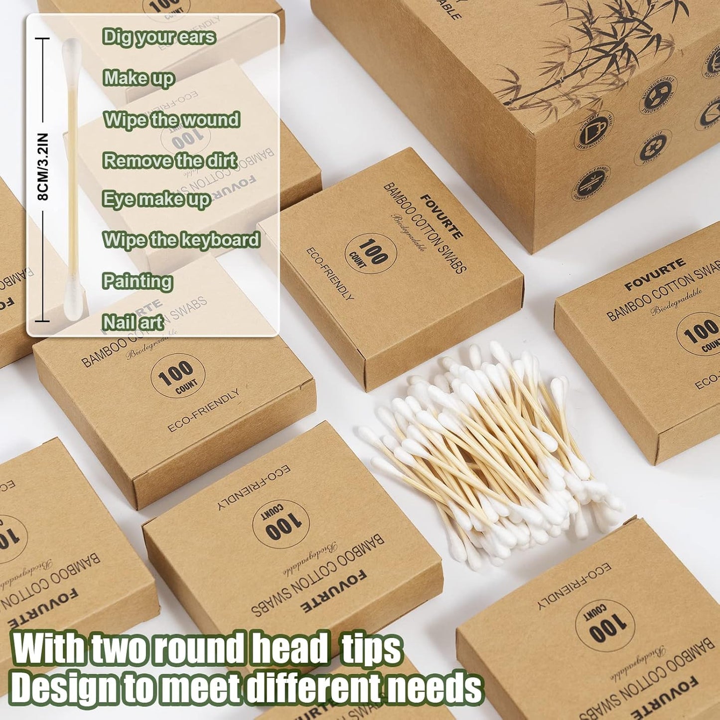 Bamboo Cotton Swabs 1000 Count - Natural Cotton Swab with Round Head Tips, Double Tipped Ear Sticks, Wooden Cotton Buds for Cleaning Travel Makeup