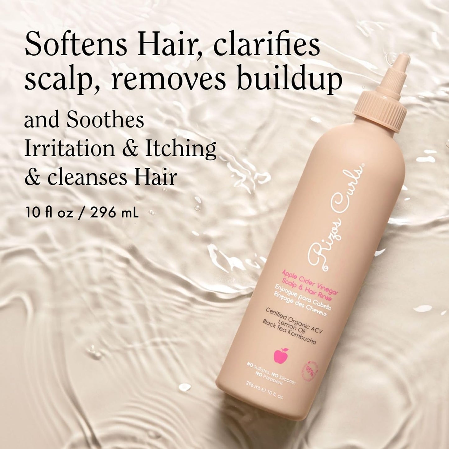 Rizos Curls Apple Cider Vinegar Scalp & Hair Rinse, Clarifies to Remove Product Buildup, Balance Oils, Revive Hair & Scalp, Enhances Softness & Shine, 10 oz