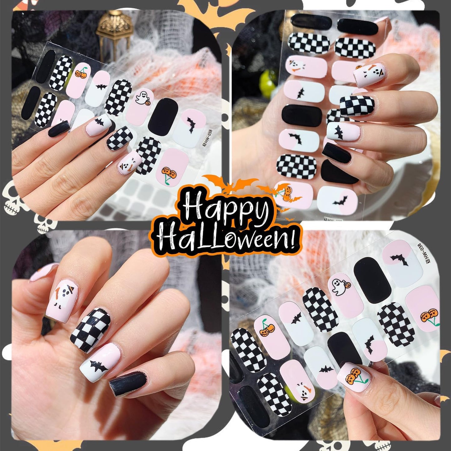 6 Sheets Horror Halloween Gel Nail Wraps Spider Web Flower Ghost Nail Polish Stickers Self-Adhesive Bat Pumpkin Spider Gel Nail Stickers Scary Halloween Holiday Nails Strips for Women