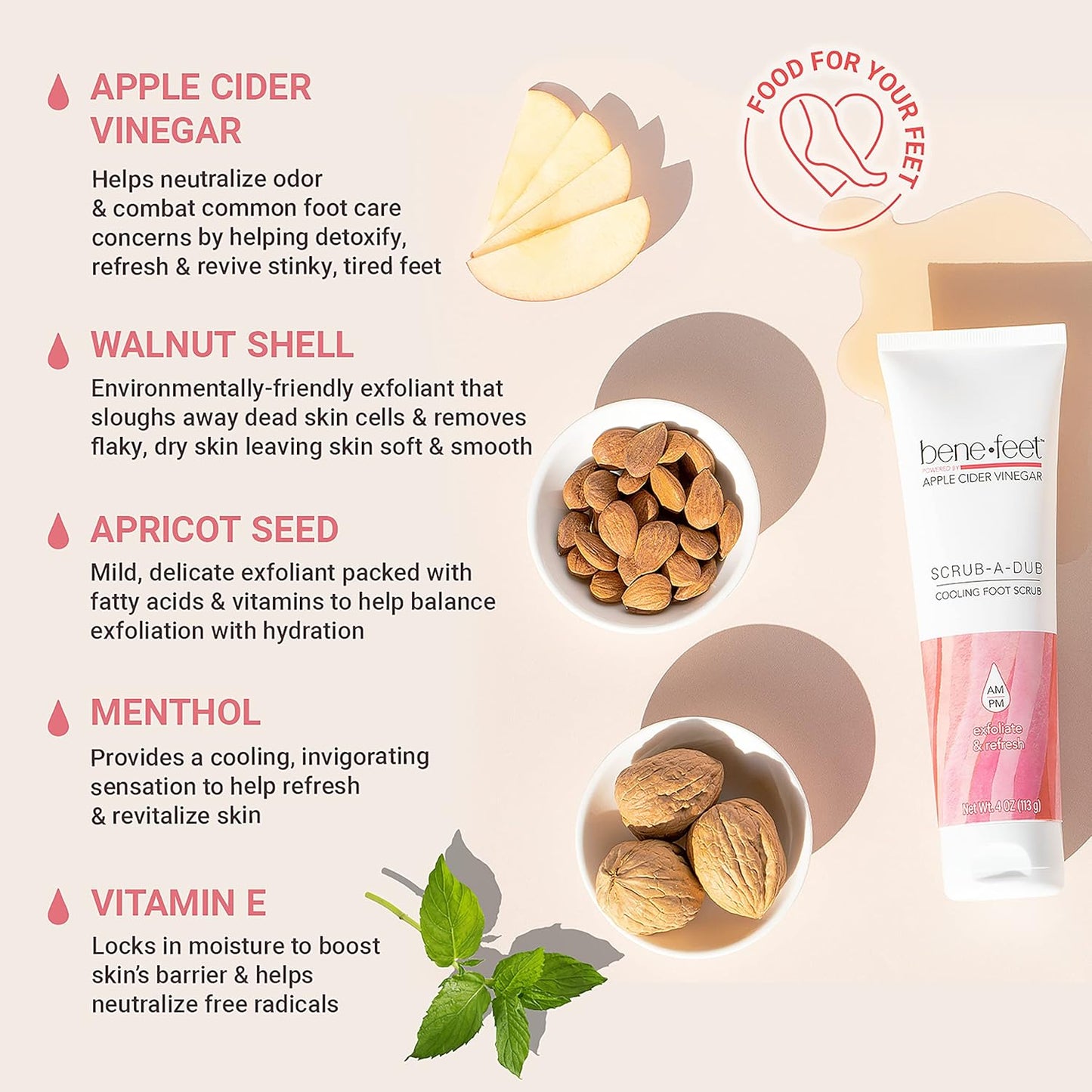 Benefeet Scrub-A-Dub Cooling Foot Scrub - Exfoliates + Refreshes Dry + Dull Skin, Get Smoother Skin from Heel to Toe, Made w/Vitamin E, Apple Cider Vinegar, Walnut Shell + Apricot Seed, 4 oz (1 Pack)