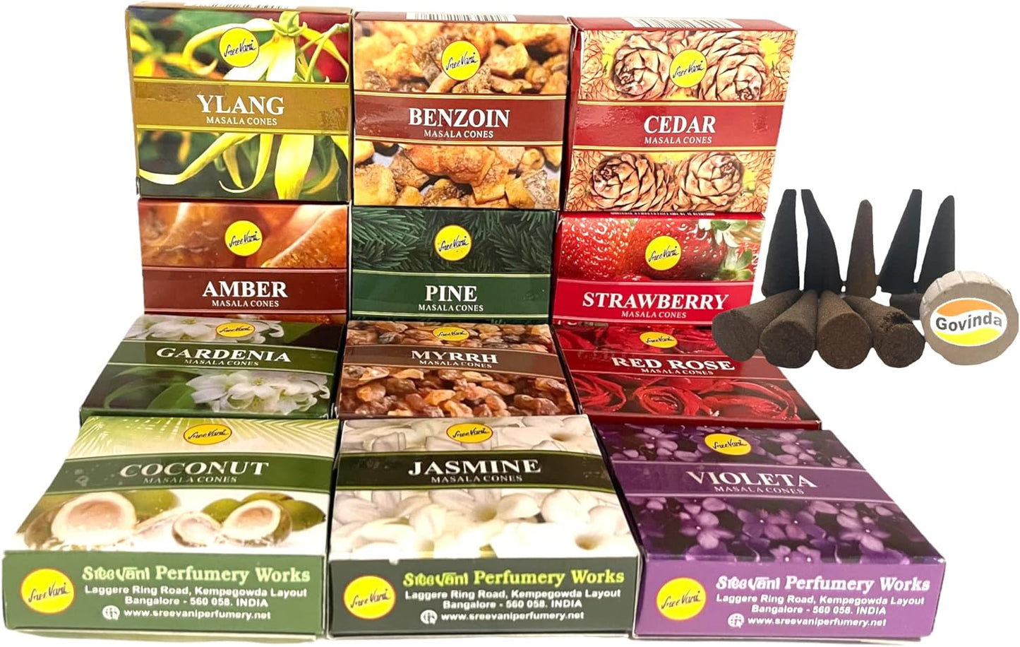 Sreevani Natural Masala Incense Cones and Holder Bundle, 120 Cones Total, Assorted #2