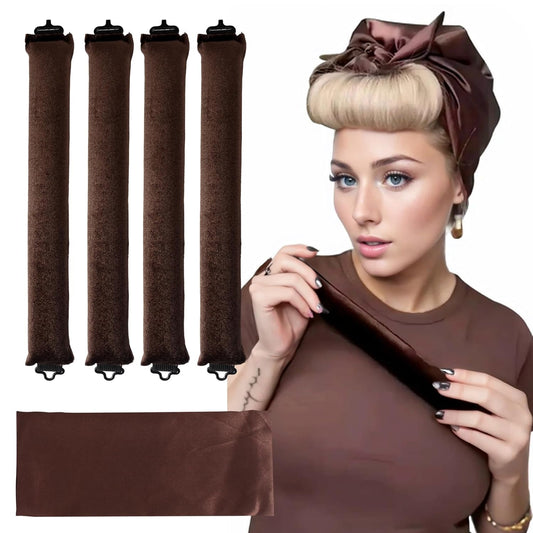 Heatless Curls Overnight Hair Curler - 4 Pcs Curling Rod to Sleep In, Velvet Hair Rollers with Satin Hair Scarf Girl's gift (Brown)