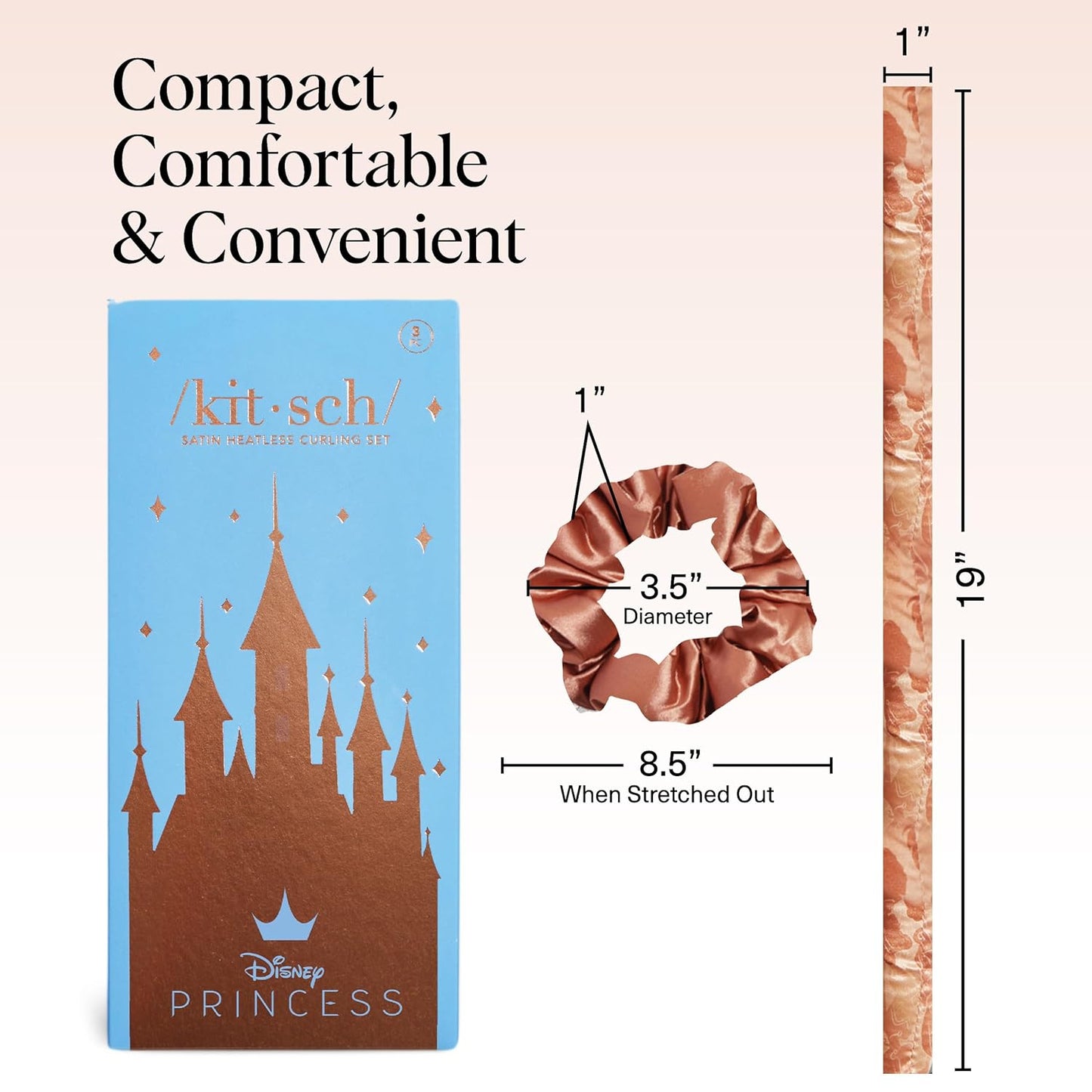 Disney & Kitsch Satin Heatless Hair Curler Set - Heatless Curls Overnight, Hair Rollers for Soft Curls & Frizz-Free Styling, No Heat Curlers To Sleep in, Curling Rod Headband - Princess Party