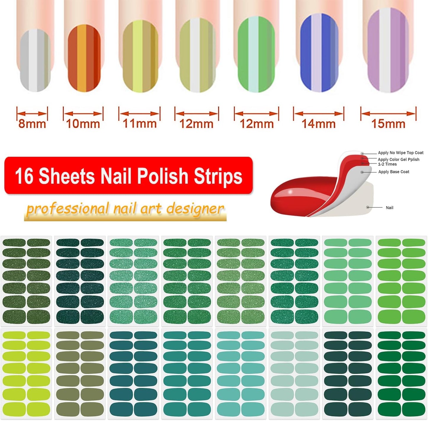 DANNEASY 16 Sheets Green Nail Wraps for Women Full Nail Polish Stickers Fresh Color Self Adhesive Nail Polish Strips Glitter Nail Strips Gel Fingernail Sticker Nails with File, Cuticle Stick