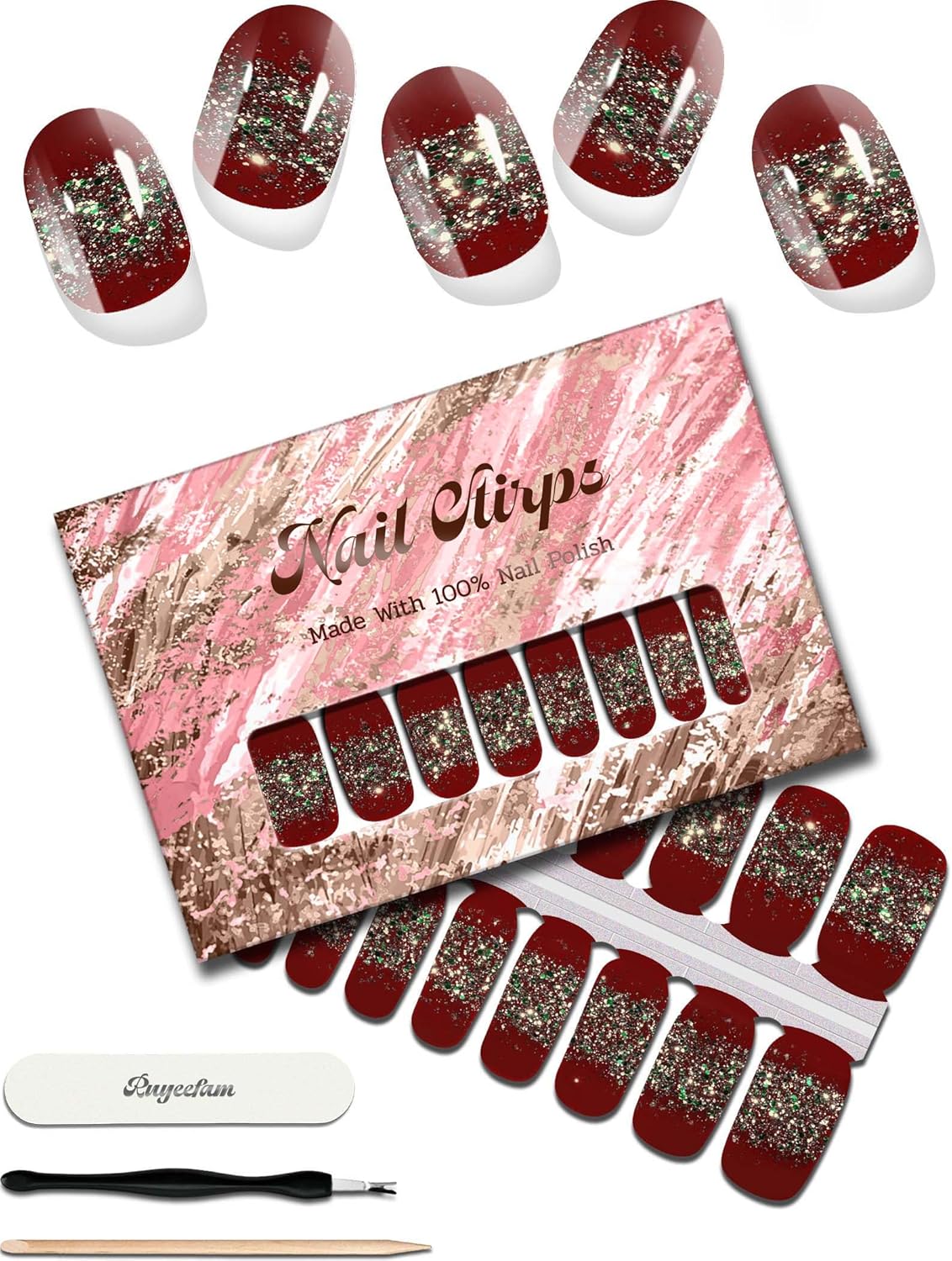 Glitter Nail Polish Strips, 32 Pcs Salon Quality Gel Nail Stickers, Long Lasting Wraps Easy to Use & Remove (Golden Glitter Red)
