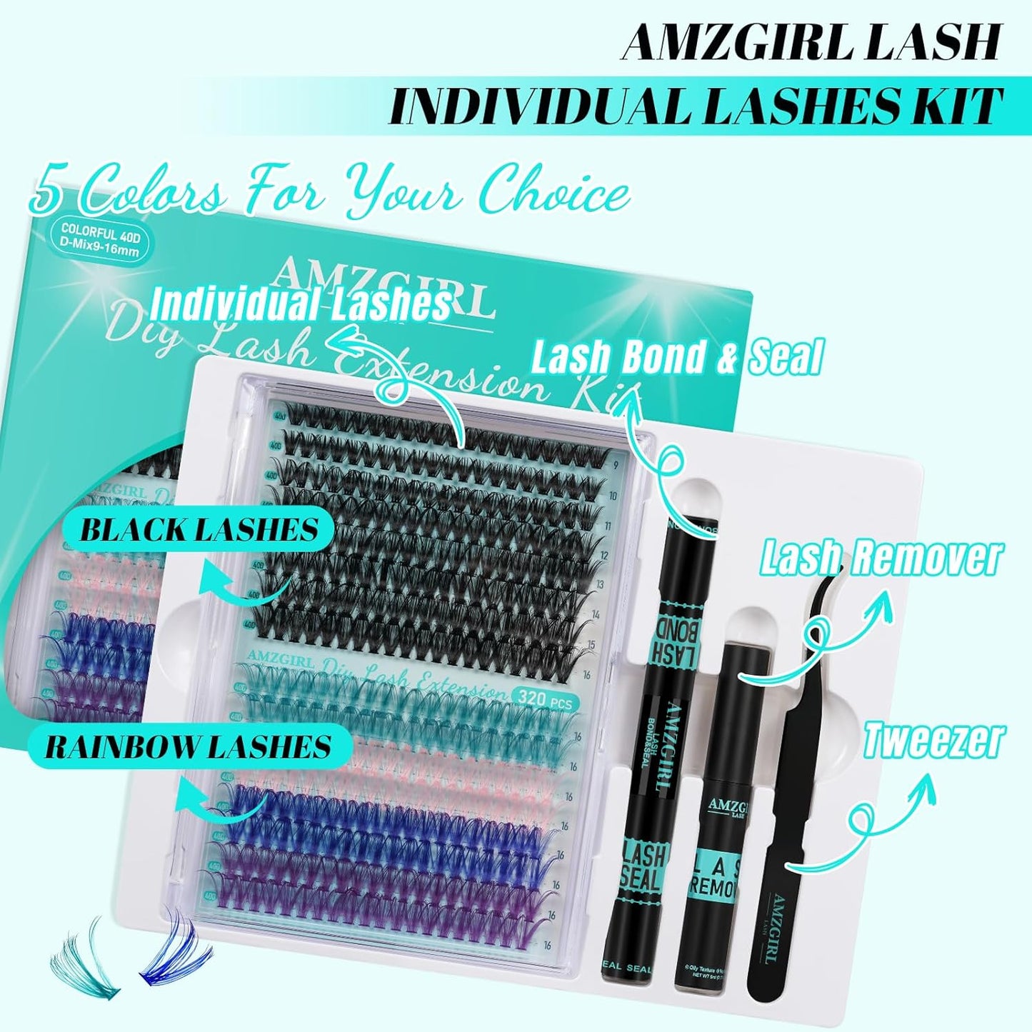 Lash Clusters Kit 320Pcs,40D Eyelash Extension Kit,Lash Bond and Seal Waterproof,Lash Remover for Colorful Individual Cluster Lashes Kit,Lash Applicator Tool for DIY Lash Extension Kit(D-Mix9-16mmKit)