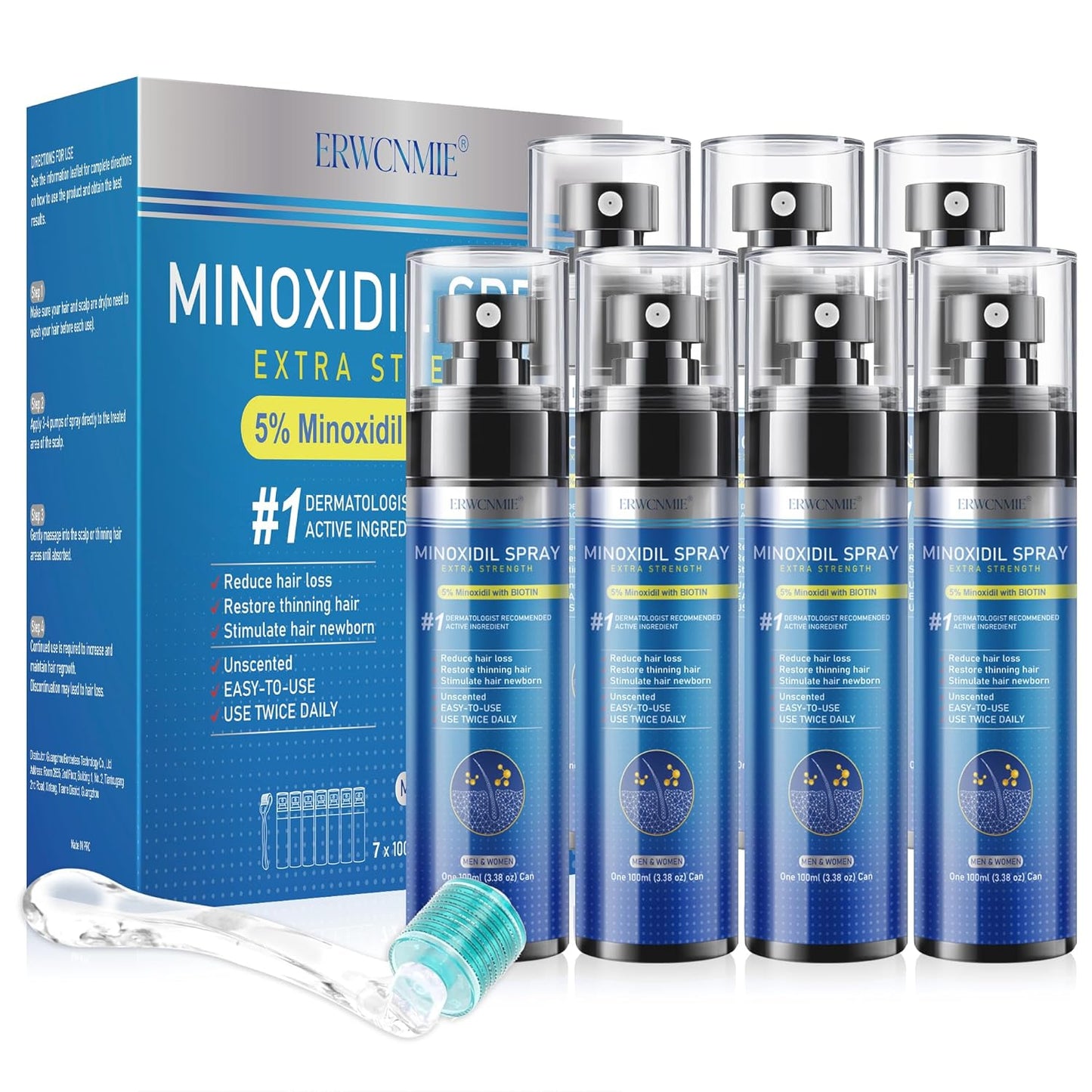 5% Minoxidil Spray for Men and Women-7 pack, Infused with Biotin, Beard Growth, Extra Strength Treatment to Combat Hair Loss and Thinning, and Fuller Hair & Beard (11 Month Supply, Extra Strength)