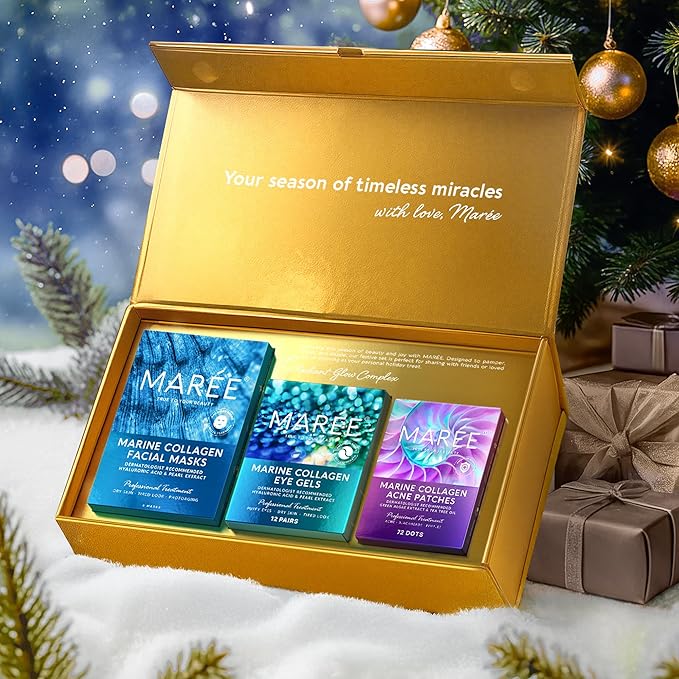 MAREE Holiday Skincare Gift Set — Under Eye Patches, Collagen Face Mask & Cute Pimple Patches for Face — Christmas Gifts & Stocking Stuffers for Women and Men — Top Christmas Gifts for Mom & Coworkers