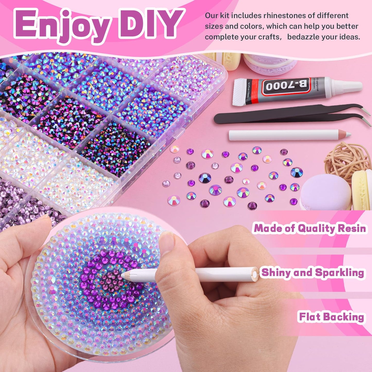 20000Pcs Purple Rhinestones for Bedazzling with 3Pcs B7000 Jewelry Glue, Resin Rhinestones for Crafting Crafts，Bedazzler Kit Flatback Gems for Clothing Shoes Tumblers Nail Art