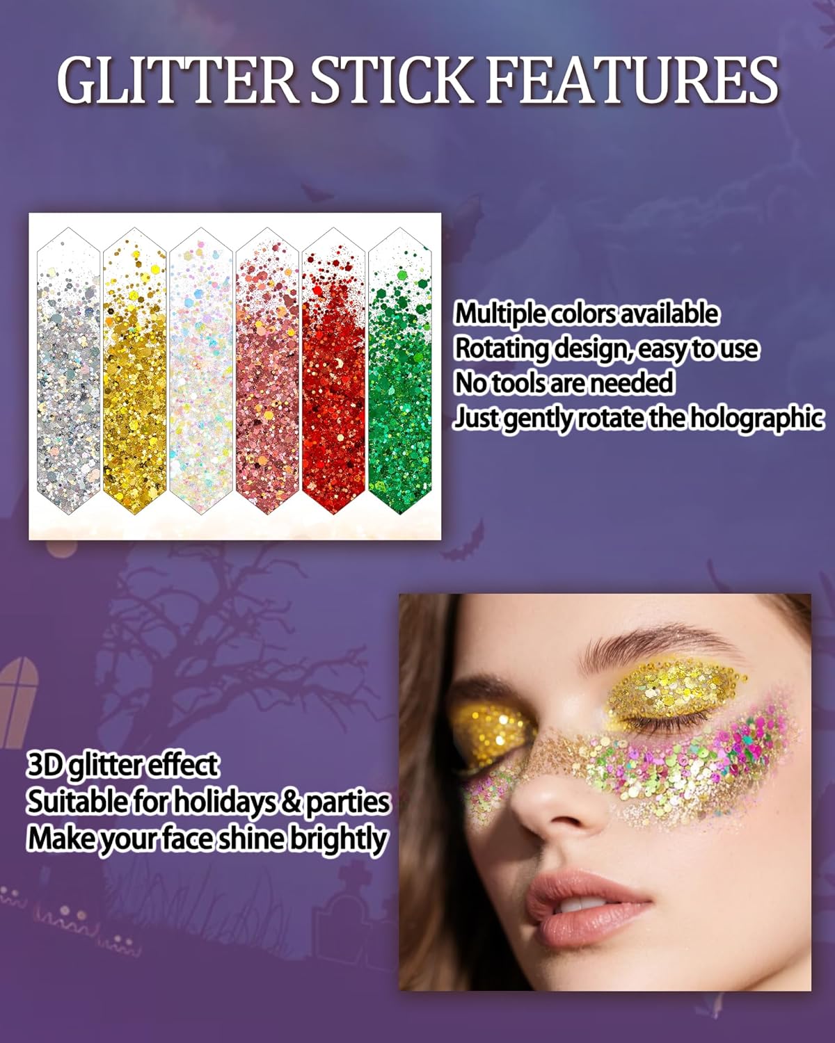 Body Glitter Stick, Waterproof Long Lasting Sparkling Face Shimmer Makeup, Singer Concerts Disco Music Halloween Festival Rave Accessories, Holographic Chunky Sequins Hair Stick,Gift for Women girl-14