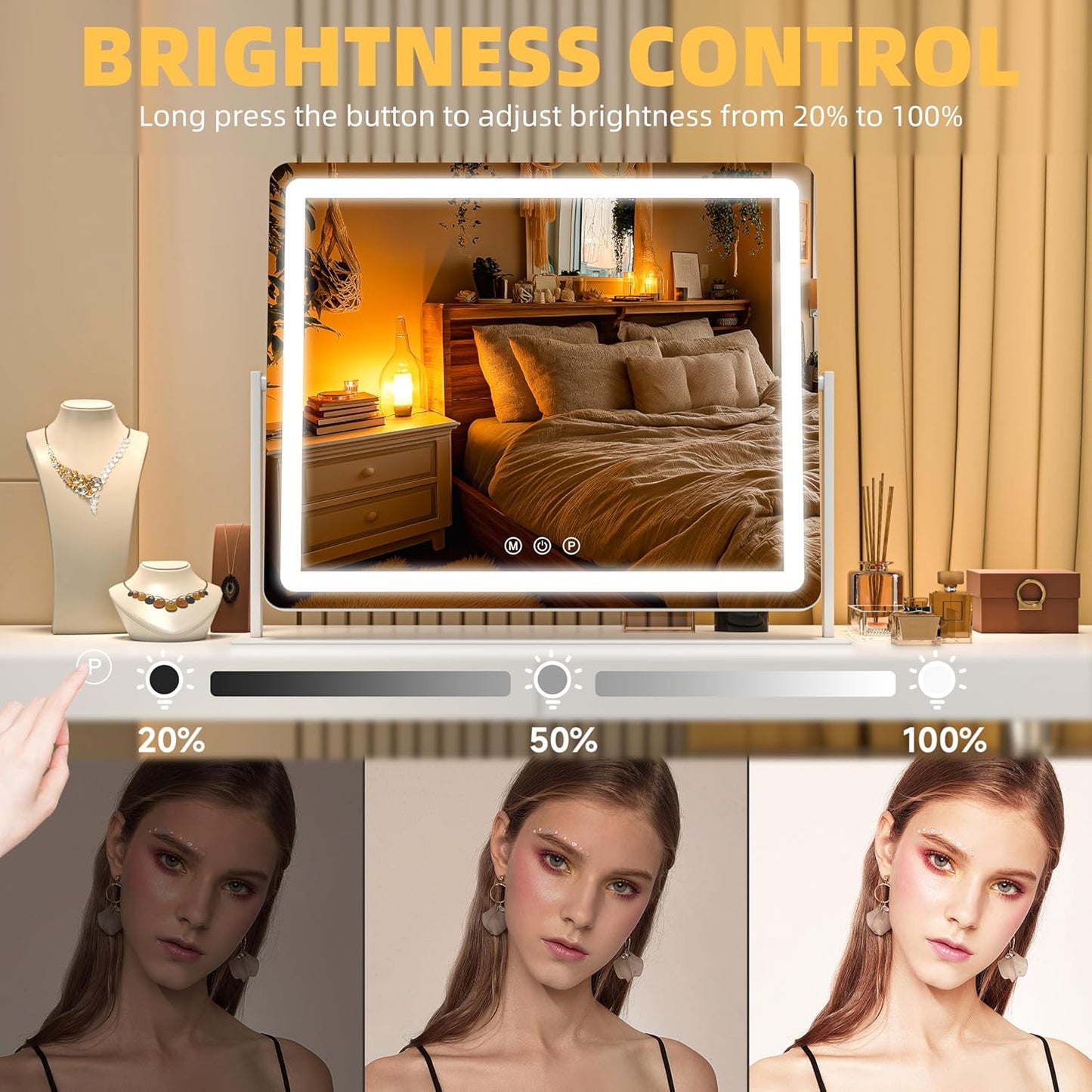 Vanity Mirror with Lights, 29.5'' x 22'' Lighted Makeup Mirror, Touch Screen with 3-Color Lighting, Dimmable for Vanity Desk Tabletop Round White