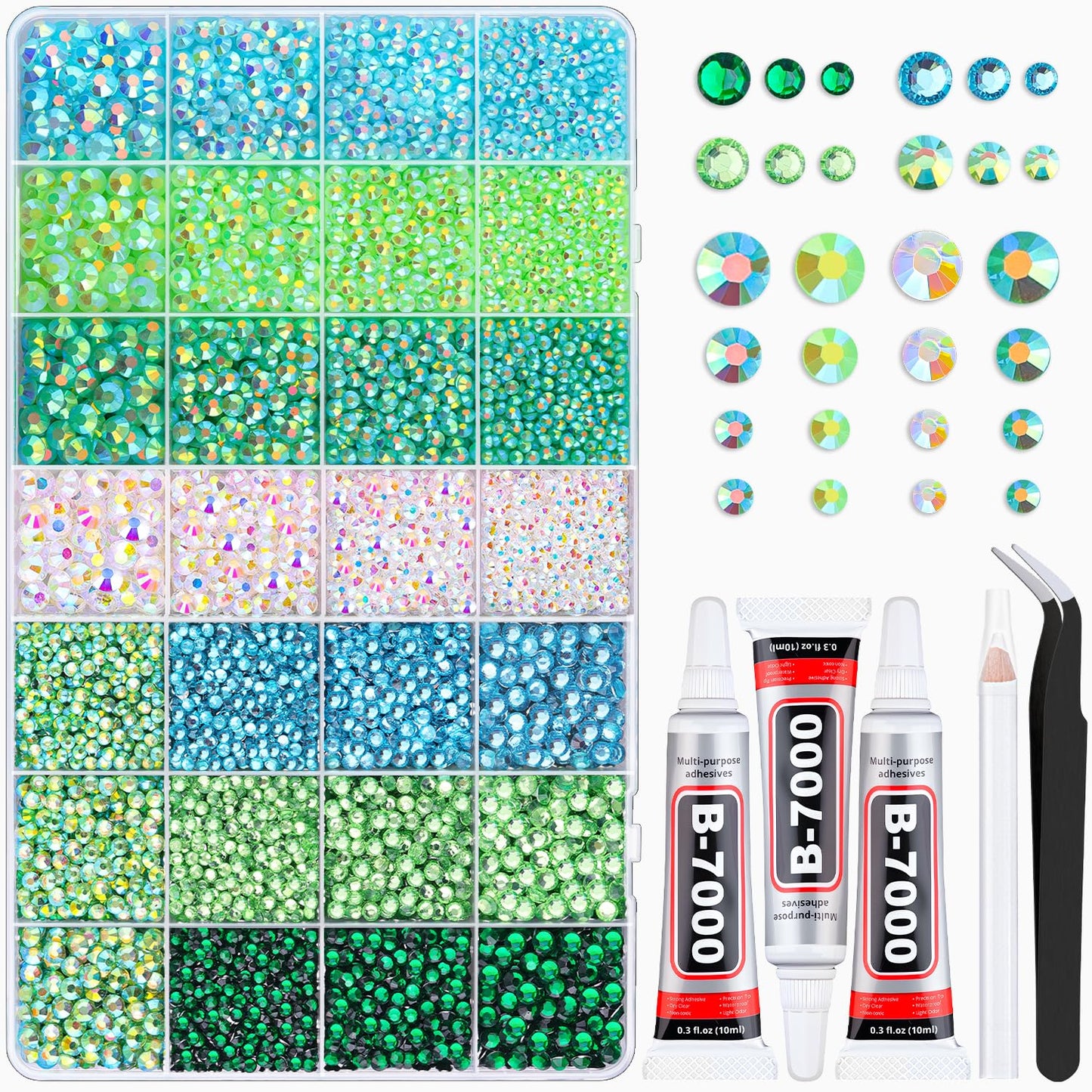 20000Pcs Green Rhinestones for Bedazzling with 3Pcs B7000 Jewelry Glue, Resin Rhinestones for Crafting Crafts，Bedazzler Kit Flatback Gems for Clothing Shoes Tumblers Nail Art